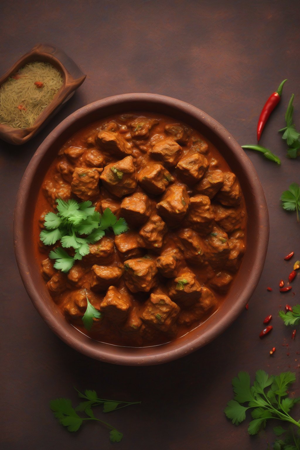 A high-resolution photo of spicy soya chunk masala in a clay bowl, garnished with cilantro, steaming with thick red gravy under soft lighting.