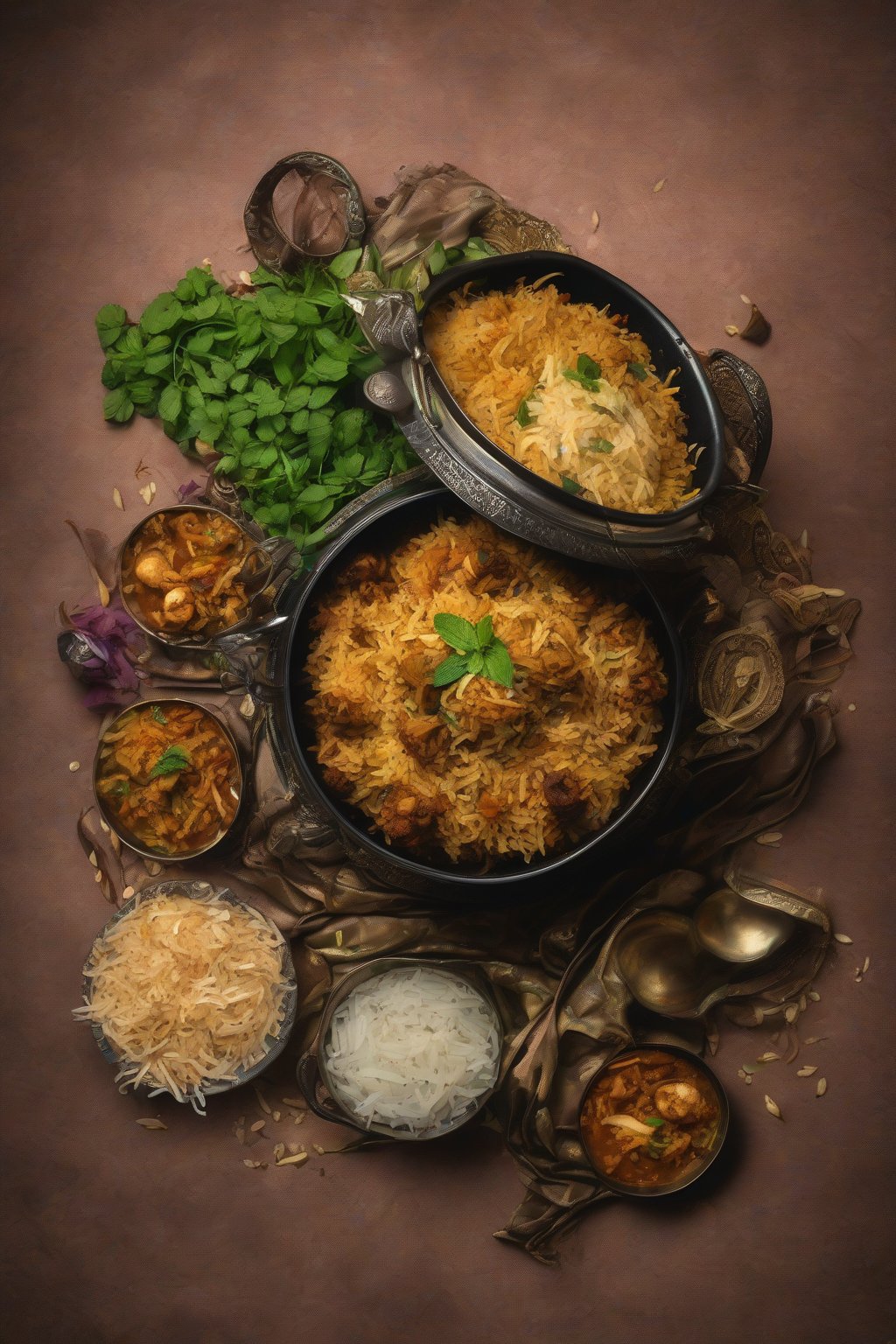 A high-resolution photo of soya chunk biryani piled high in a handi, with fried onions and mint on top, aromatic steam rising under soft lighting.