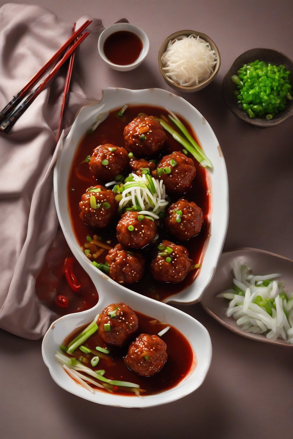 A high-resolution photo of soya manchurian balls in glossy red sauce, garnished with spring onions, next to chopsticks under soft lighting.