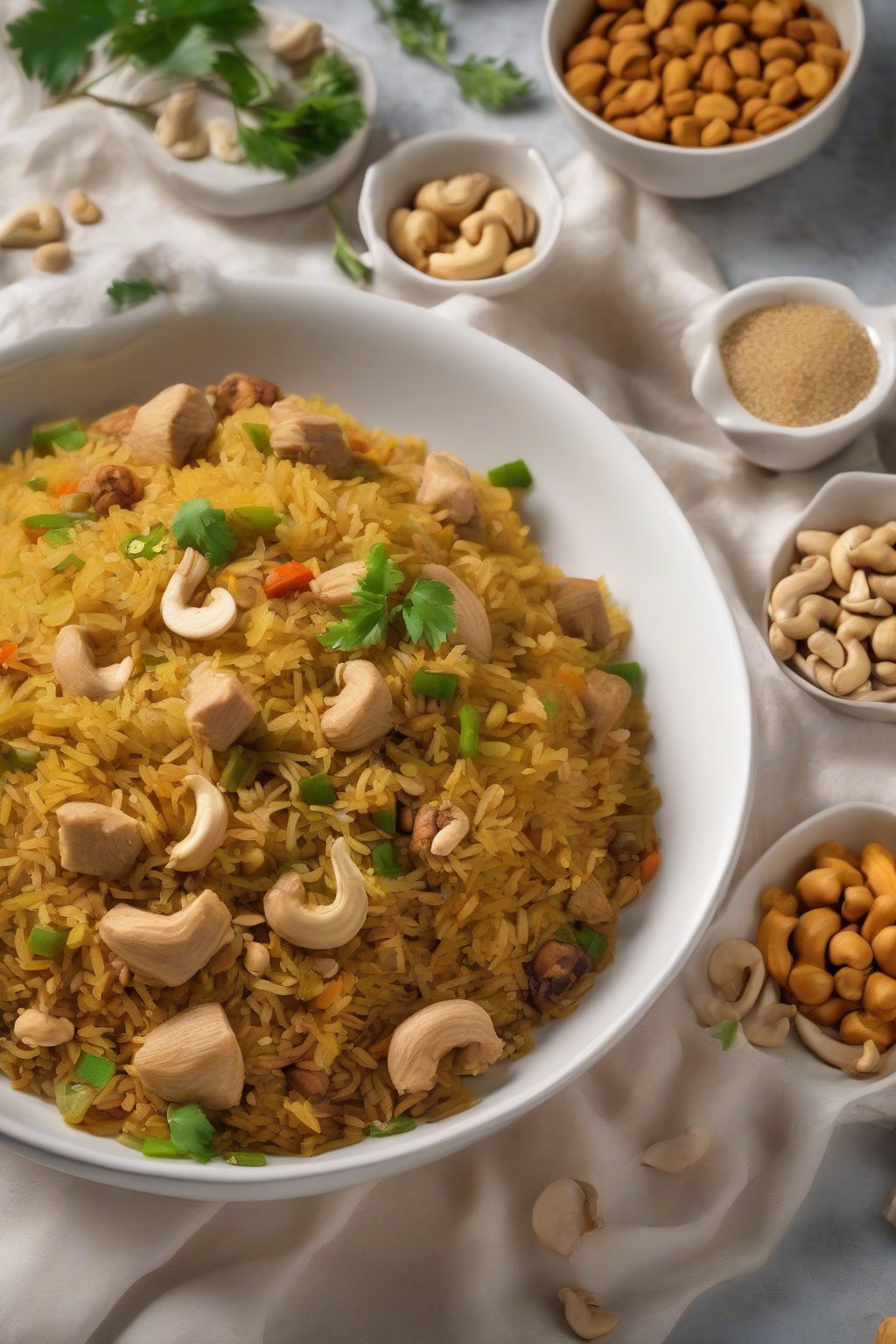 A high-resolution photo of golden soya chunk pulao in a white bowl, scattered with cashews and veggies, steam curling up under soft lighting.
