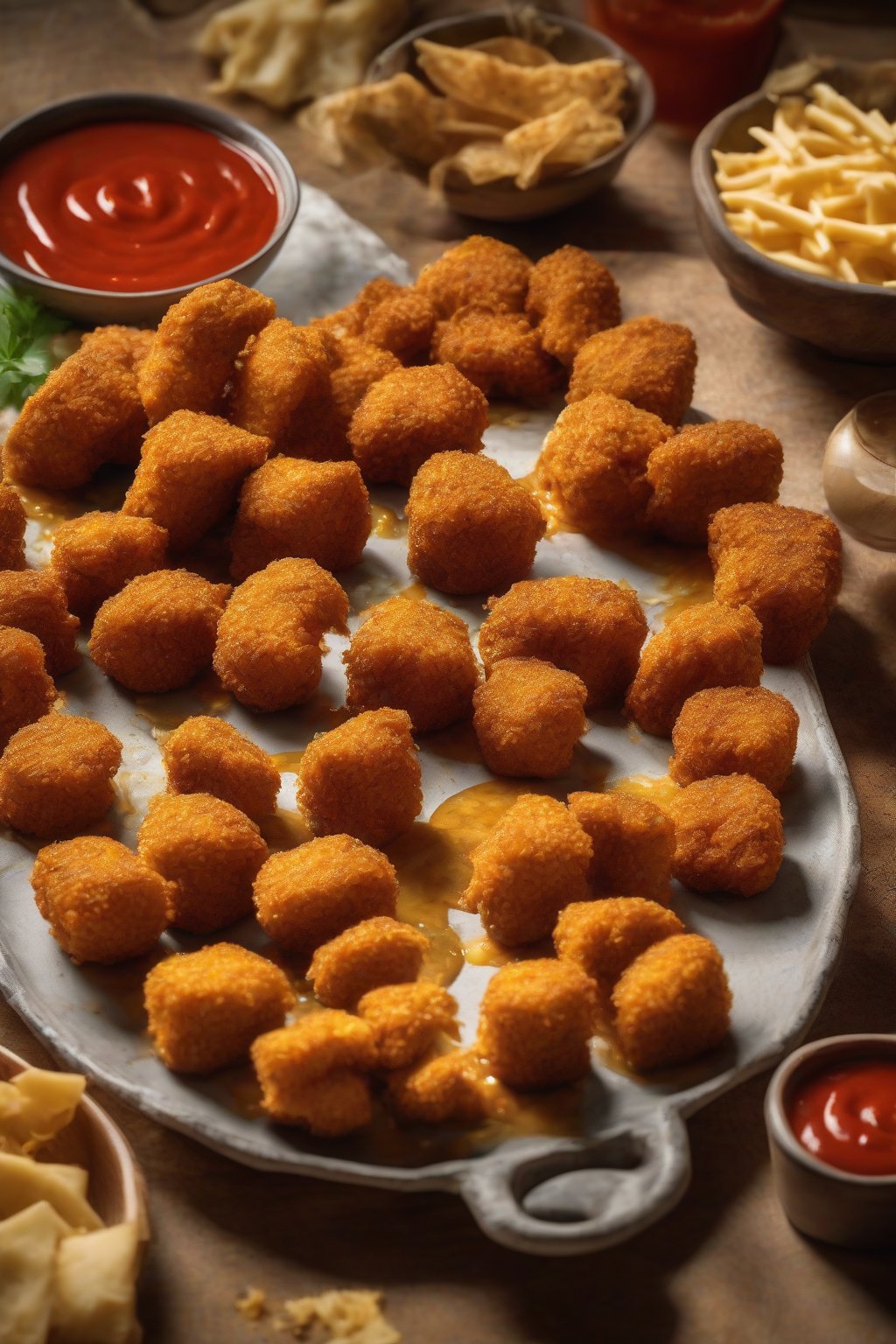 A high-resolution photo of golden cheesy soya nuggets on a platter, melted cheese pulling apart, with marinara dip under soft lighting.