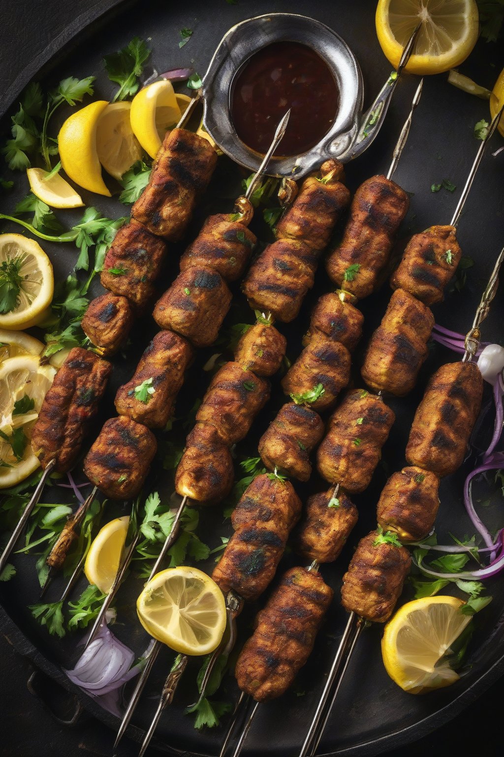 A high-resolution photo of soya seekh kebabs on skewers, charred edges with lemon wedges, on a sizzling plate under soft lighting.