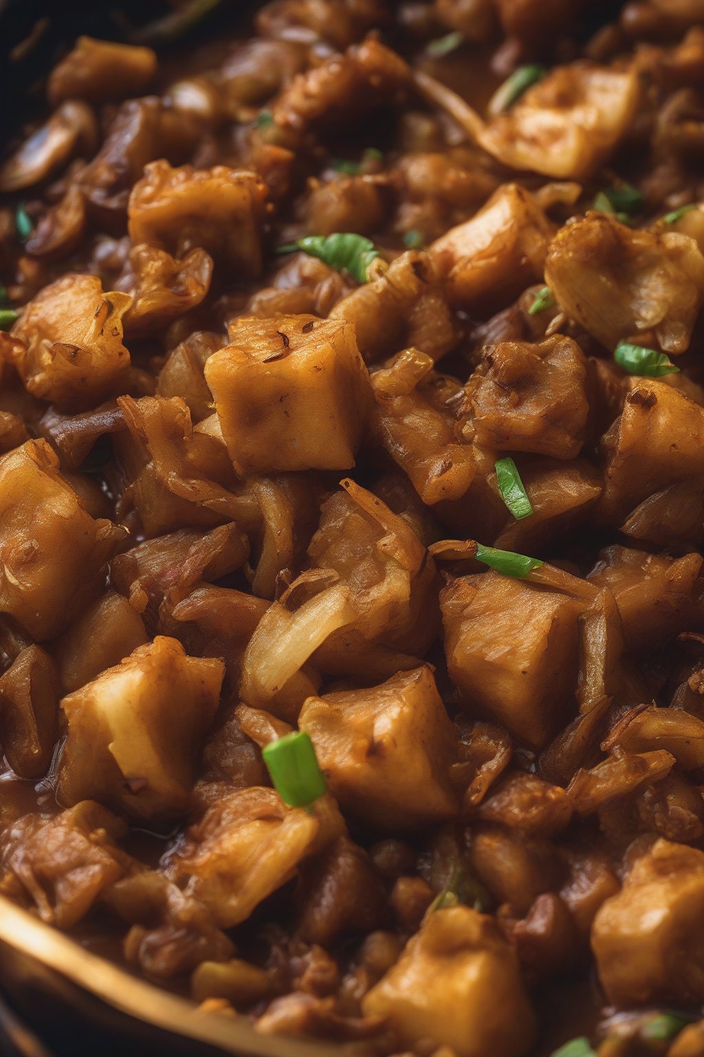 A high-resolution photo of soya chunk do pyaza in a kadai, heaps of caramelized onions clinging to chunks under soft lighting.