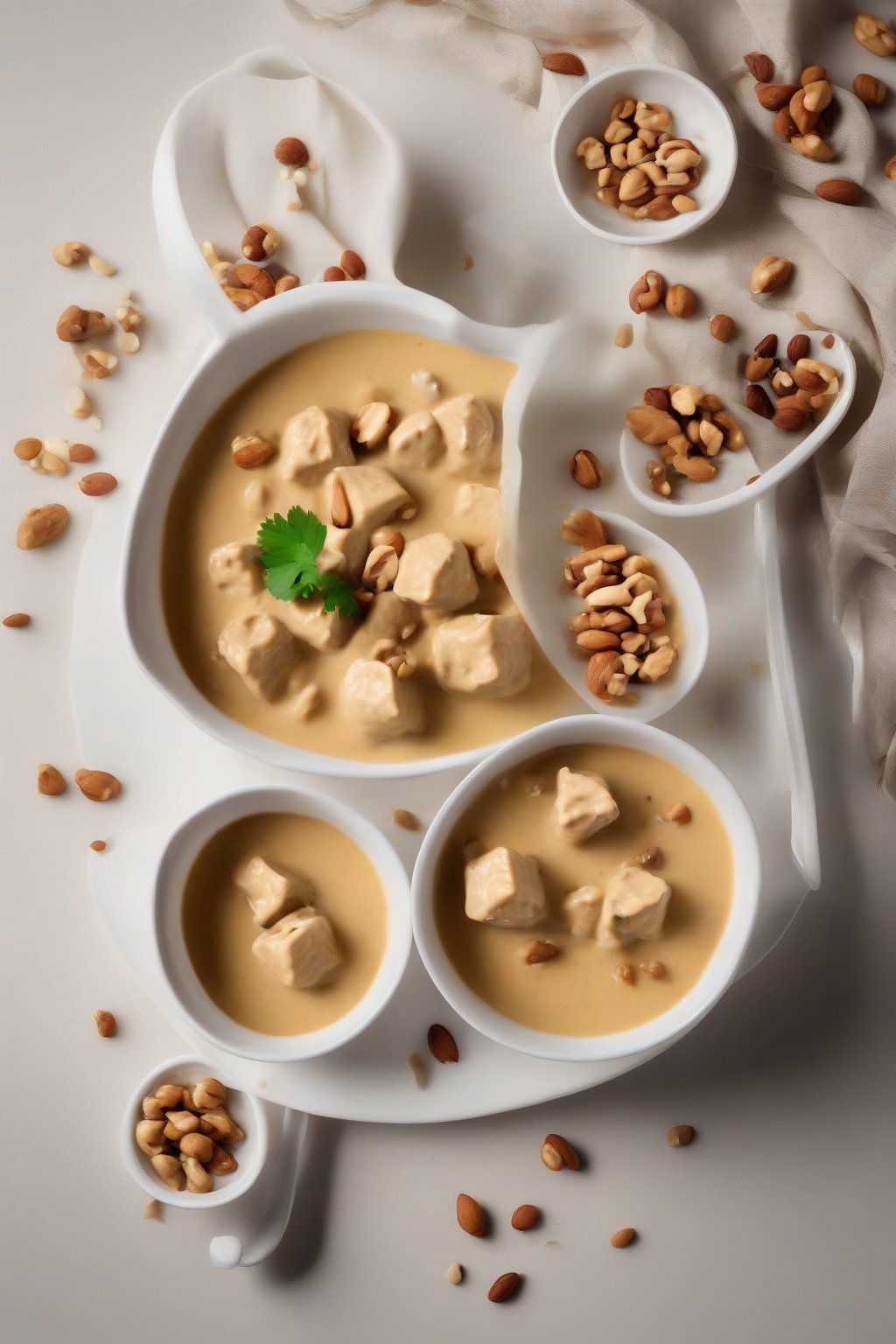 A high-resolution photo of creamy soya chunks in white malai gravy, garnished with nuts, spoon digging in under soft lighting.