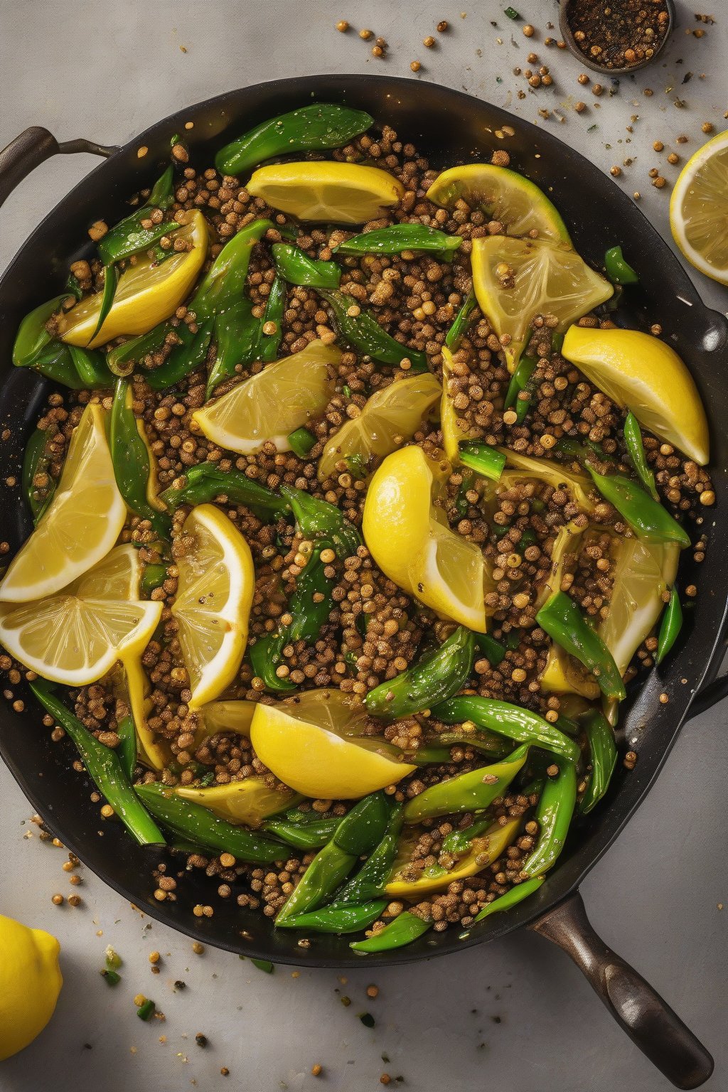 A high-resolution photo of vibrant lemon pepper soya stir-fry in a wok, lemon slices and pepper flecks, glossy under soft lighting.