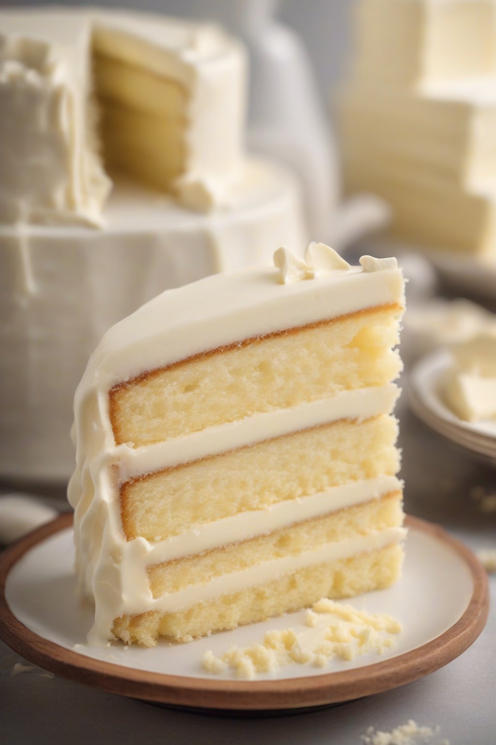 A high-resolution photo of sour cream buttery yellow cake layers stacked with cream cheese frosting, close-up on moist texture, under soft lighting.