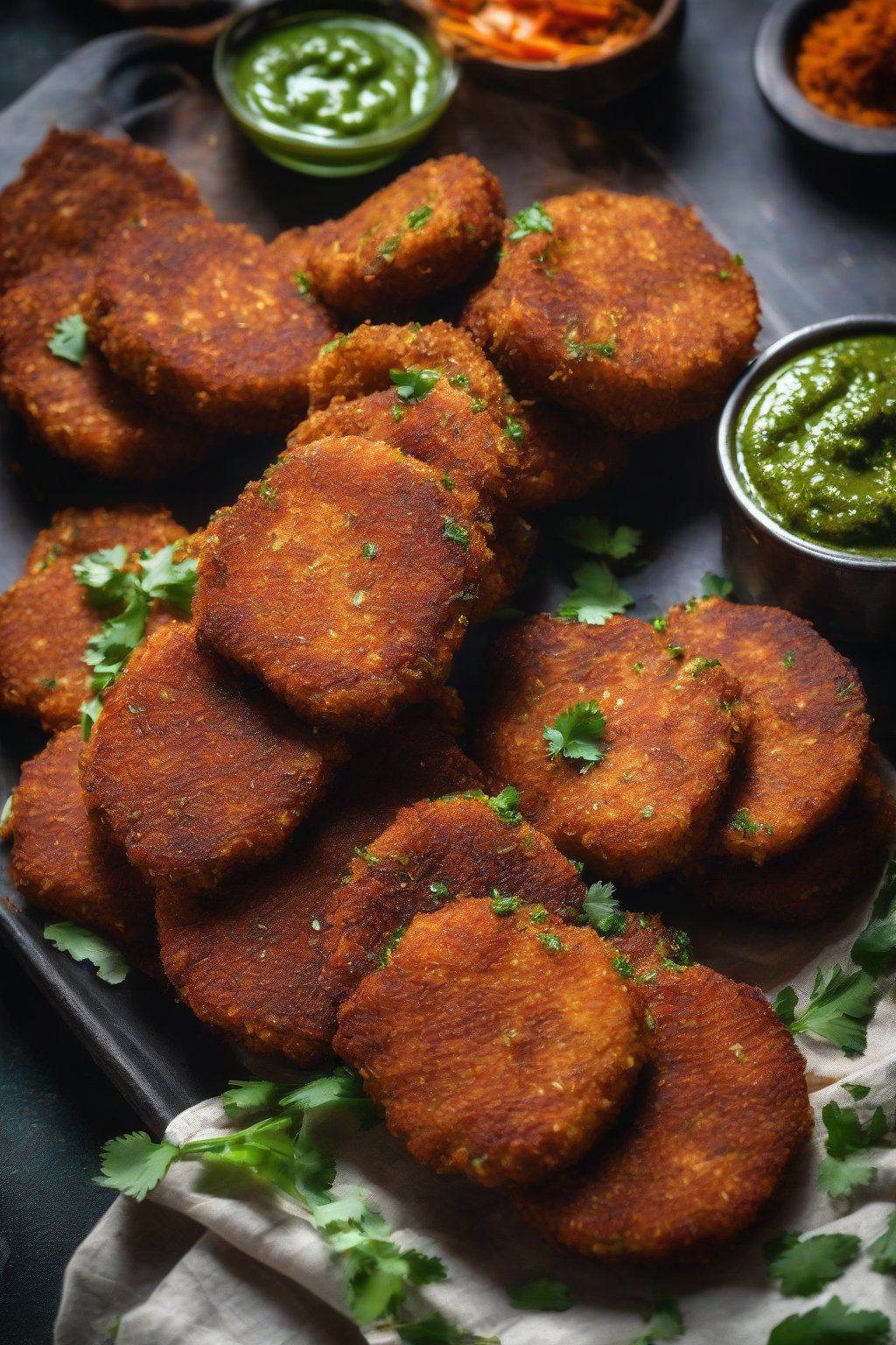 A high-resolution photo of stacked soya chunk cutlets, crispy exterior with green chutney, bite taken under soft lighting.