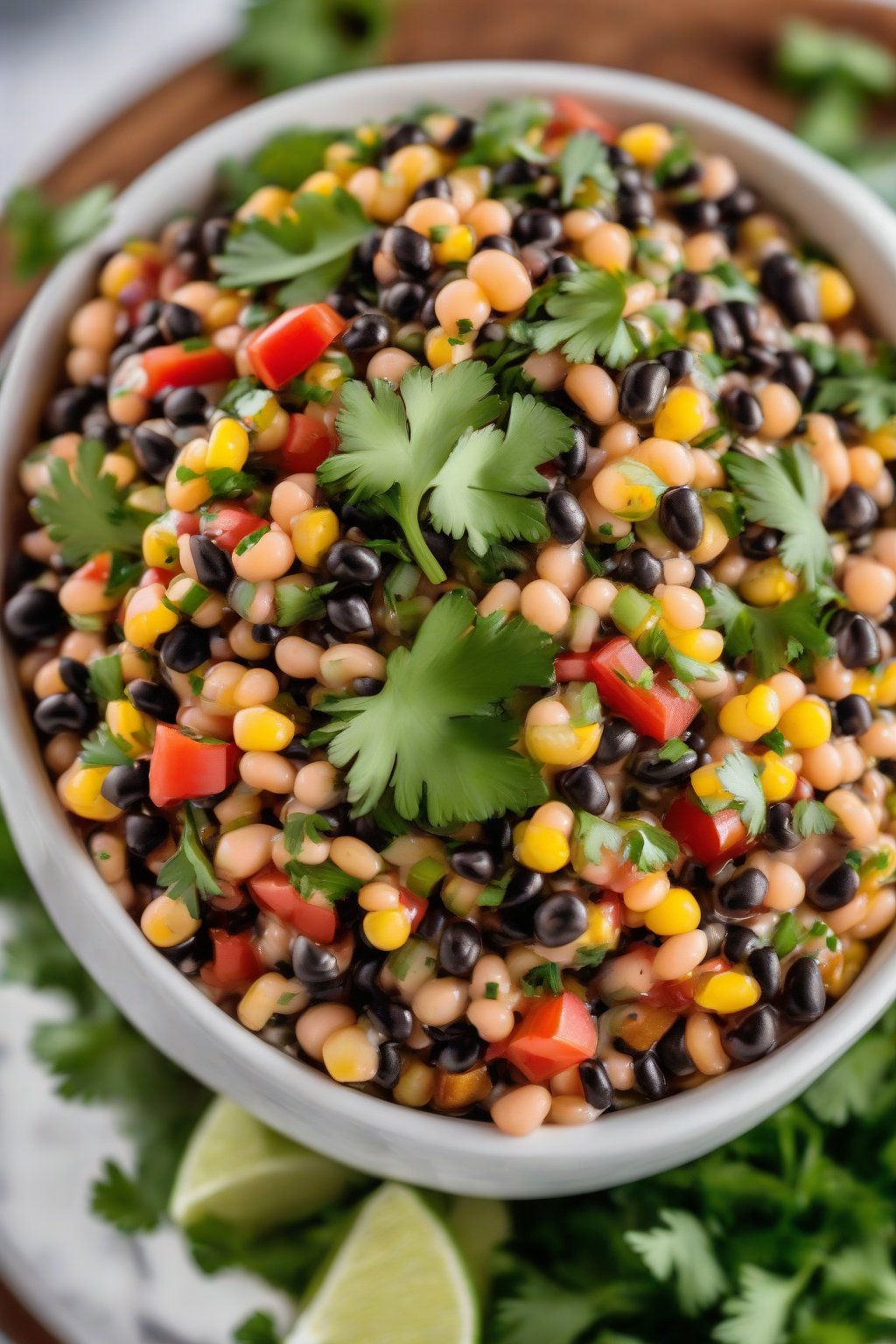 A high-resolution photo of classic Tex-Mex cowboy caviar in a white bowl, topped with fresh cilantro, under soft lighting.