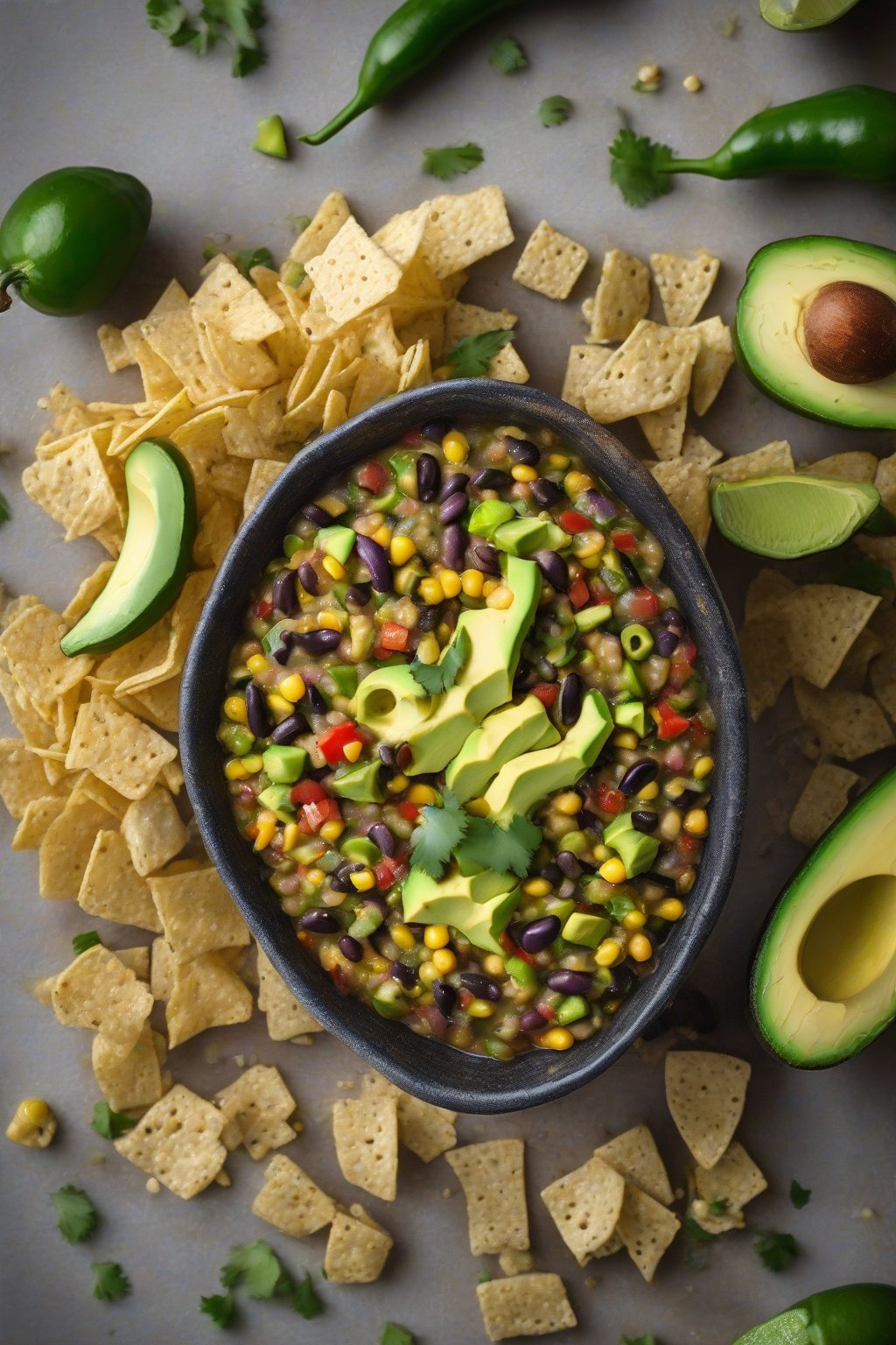 A high-resolution photo of spicy jalapeño cowboy caviar brimming with green chiles and avocado chunks, under soft lighting.