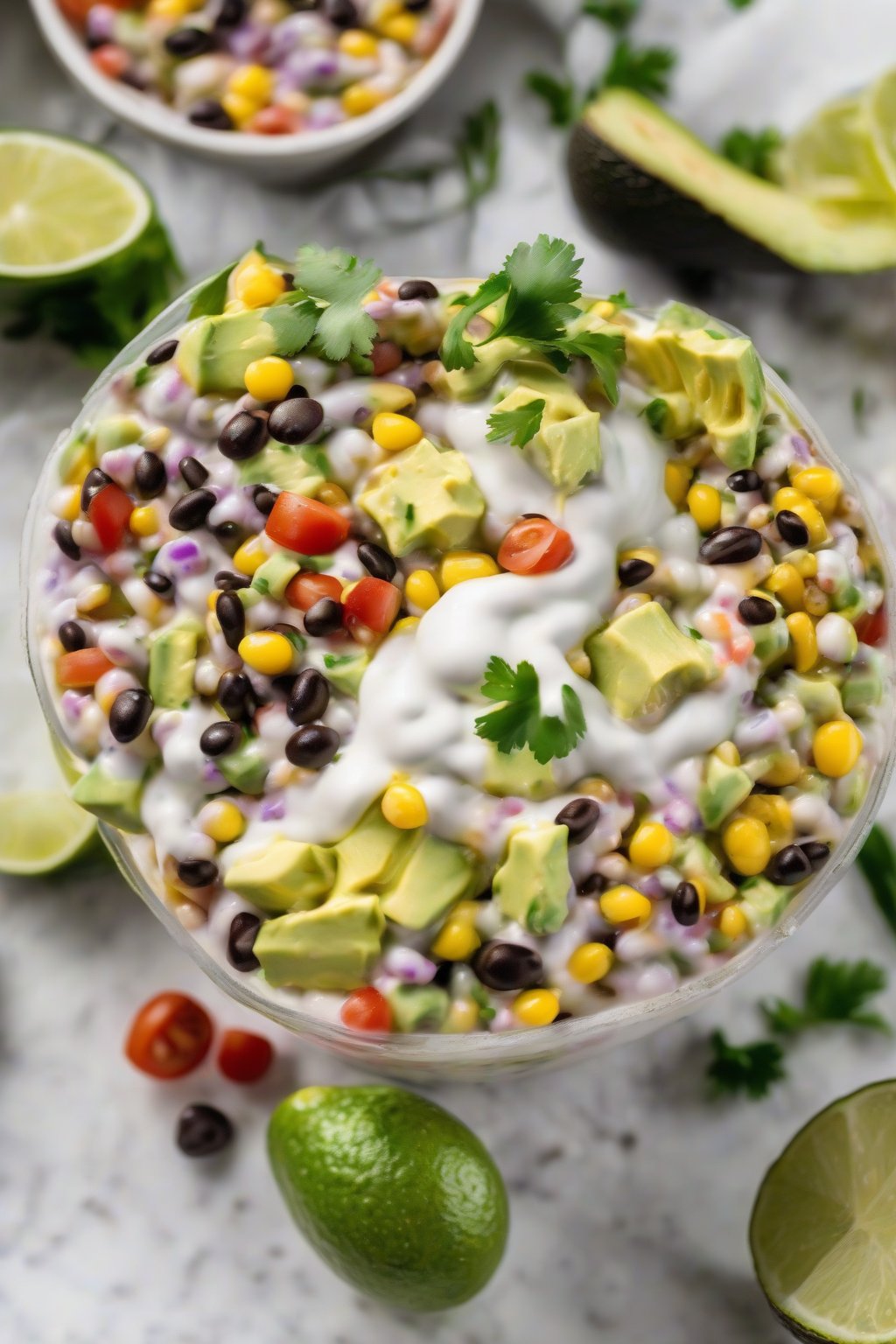 A high-resolution photo of creamy avocado cowboy caviar swirled with lime crema, garnished with lime wedges, under soft lighting.