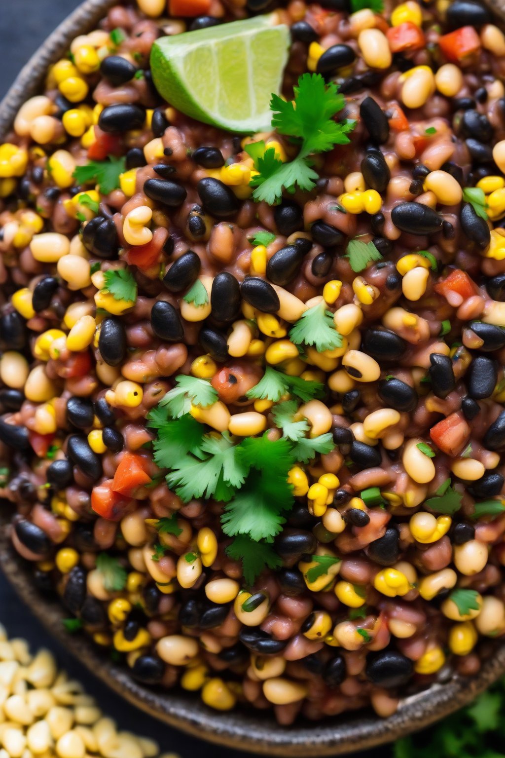 A high-resolution photo of smoky chipotle cowboy caviar with charred corn kernels, under soft lighting.
