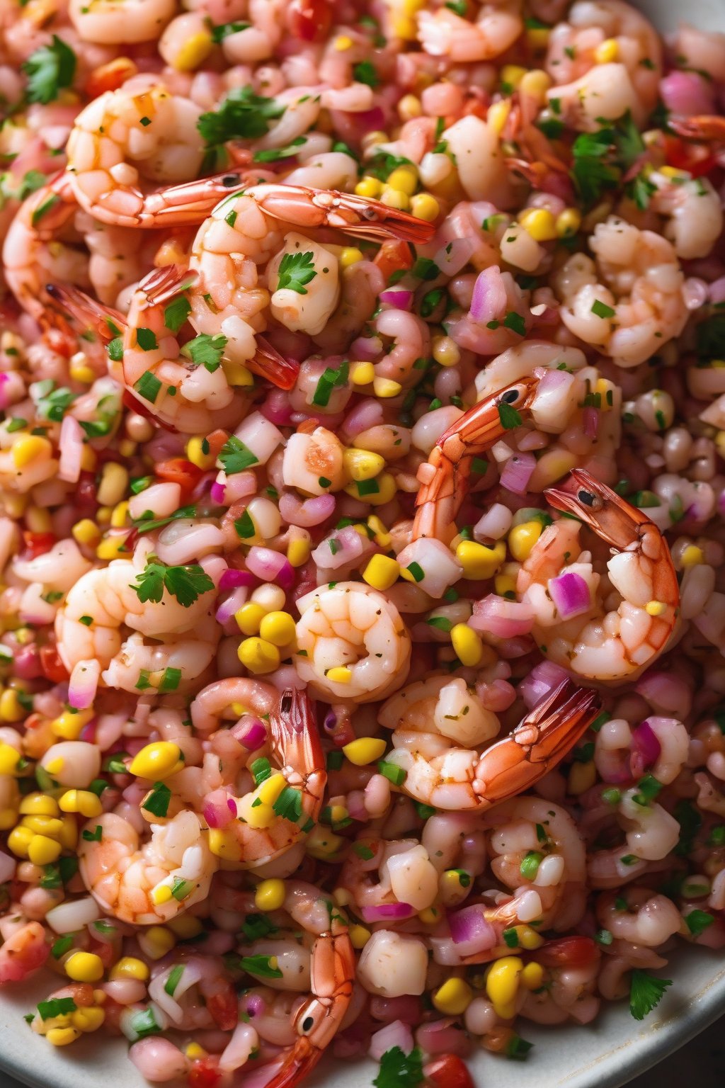A high-resolution photo of grilled shrimp cowboy caviar piled high with pink shrimp pieces, under soft lighting.