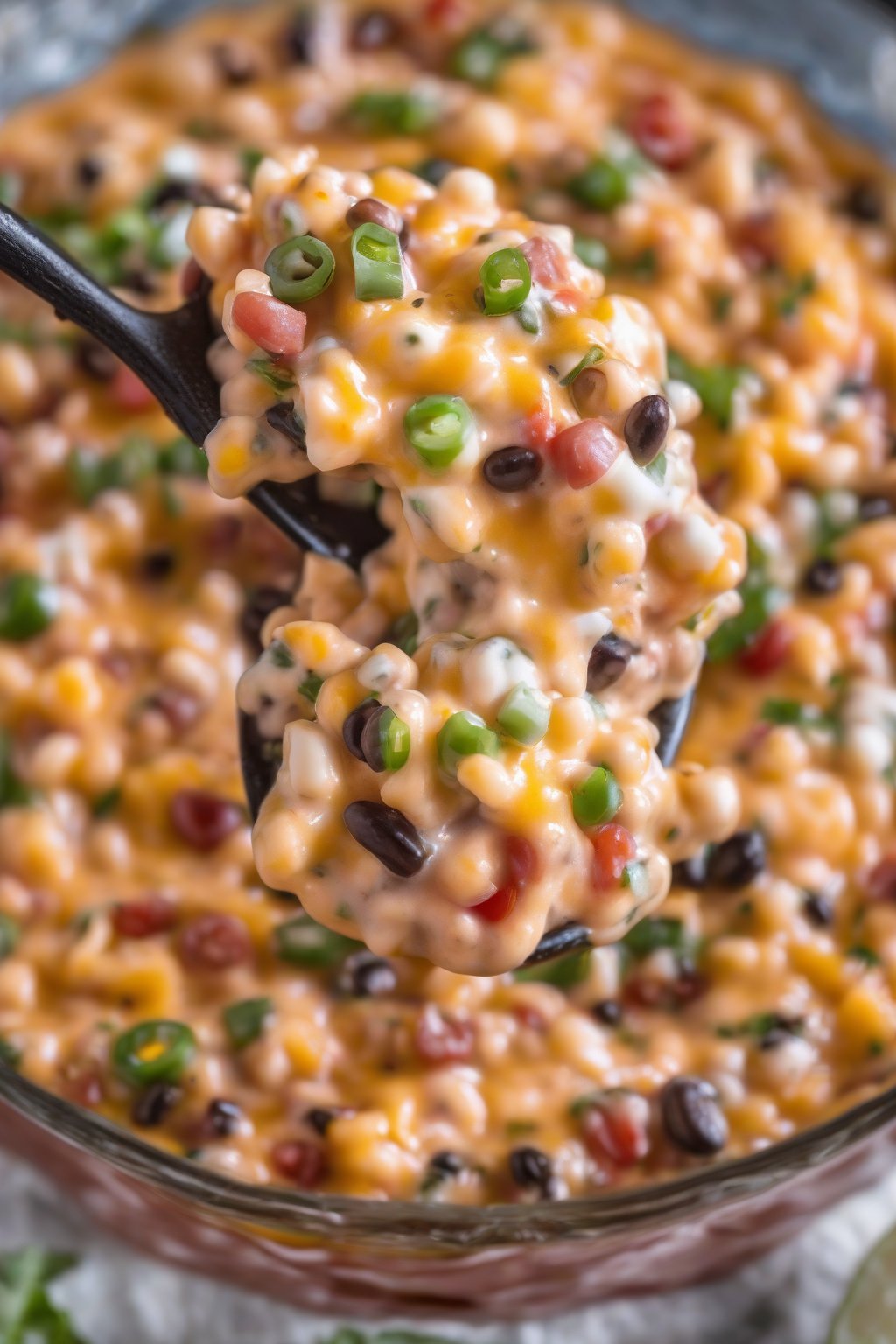 A high-resolution photo of cheesy queso cowboy caviar oozing with white cheese crumbles, under soft lighting.