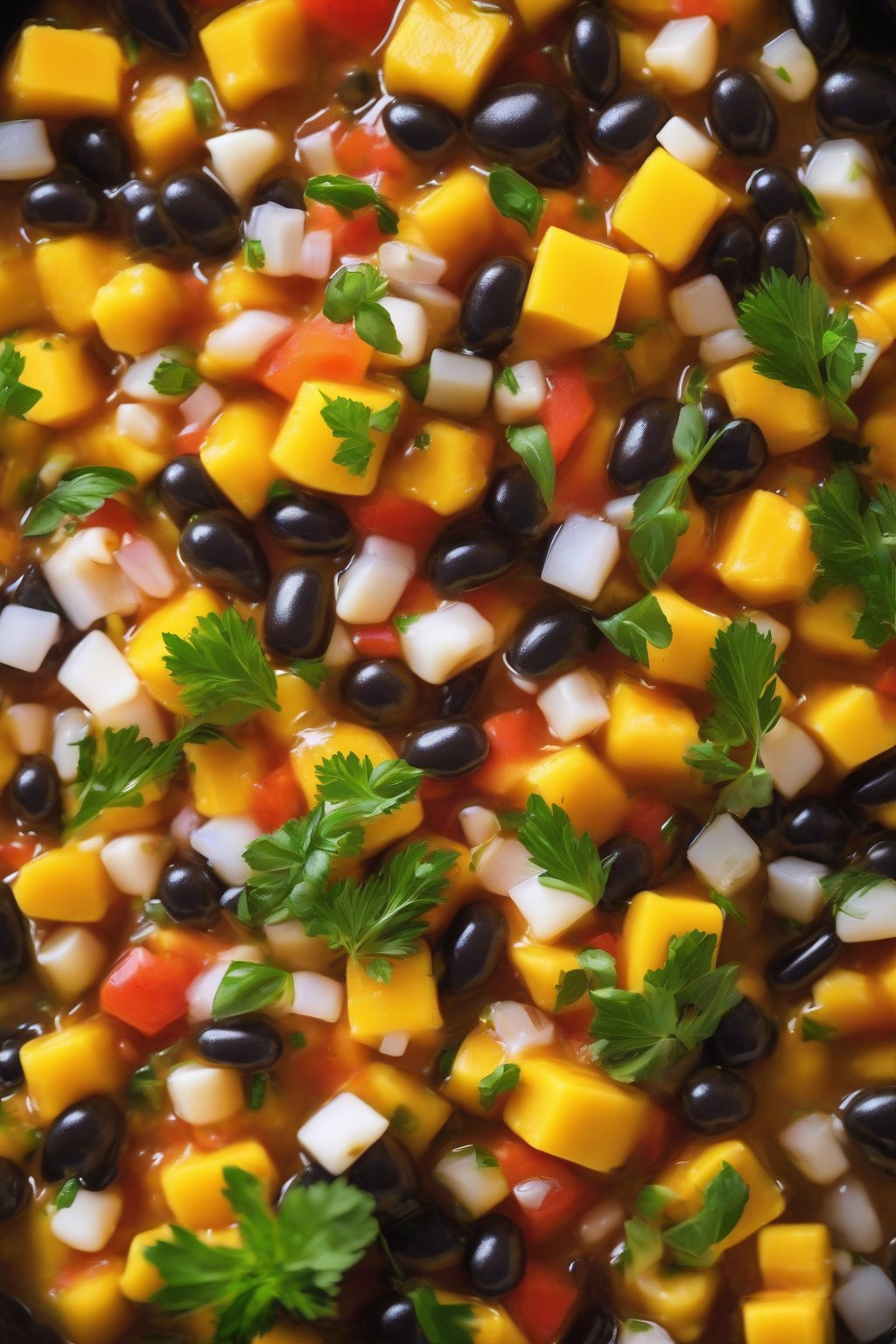 A high-resolution photo of mango tango cowboy caviar bursting with orange mango cubes and green herbs, under soft lighting.