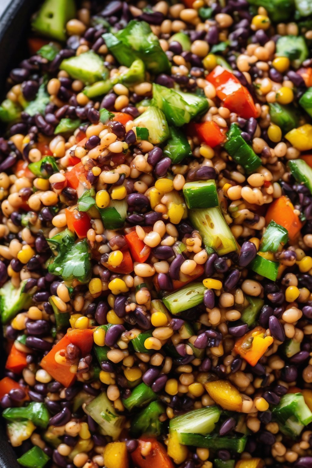 A high-resolution photo of roasted veggie cowboy caviar with golden-brown edges on veggies, under soft lighting.