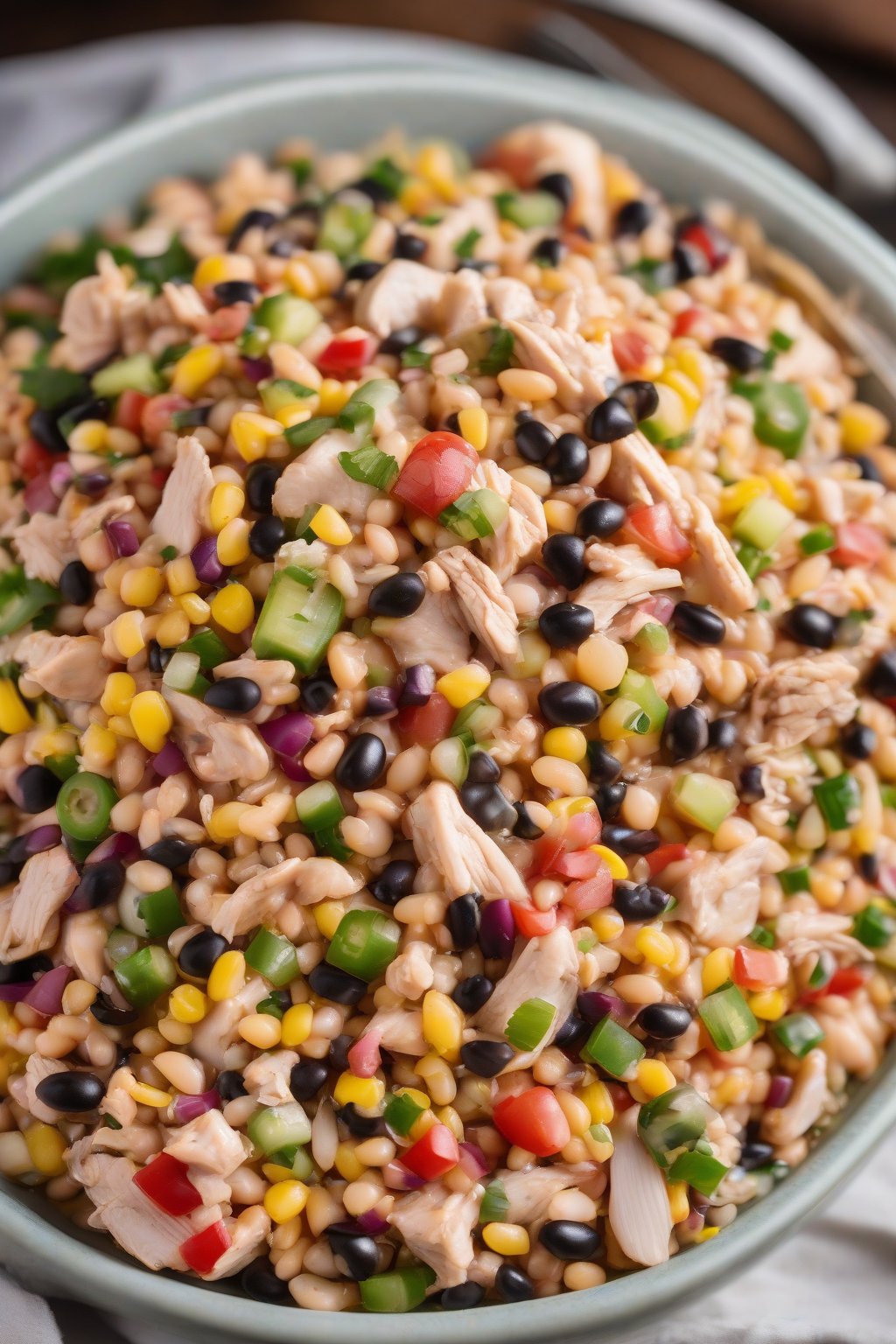 A high-resolution photo of fiesta chicken cowboy caviar studded with shredded chicken, under soft lighting.