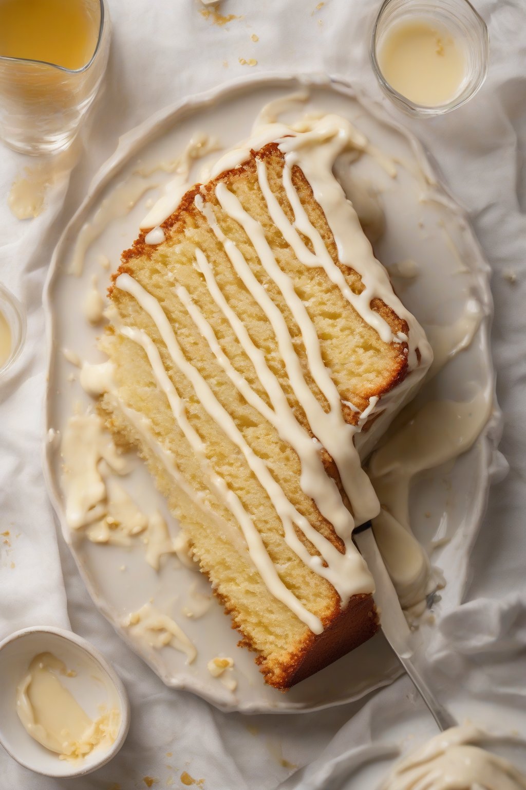 A high-resolution photo of brown butter yellow cake with vanilla bean flecks, drizzled with glaze, under soft lighting.