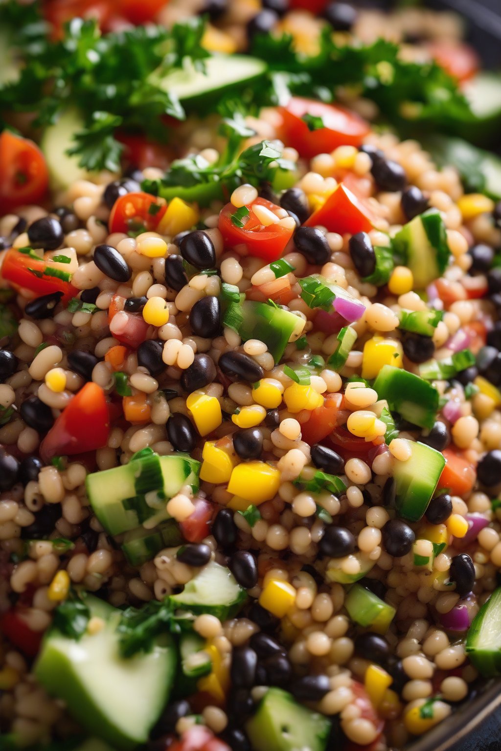 A high-resolution photo of quinoa-powered cowboy caviar with fluffy grains and fresh veggies, under soft lighting.