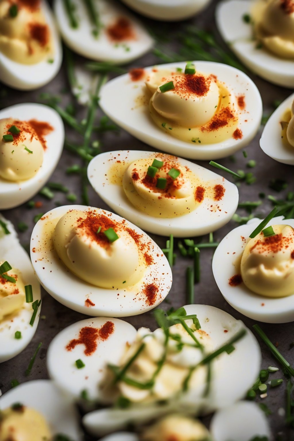 A close-up photo of classic deviled eggs topped with paprika and chives under soft lighting.