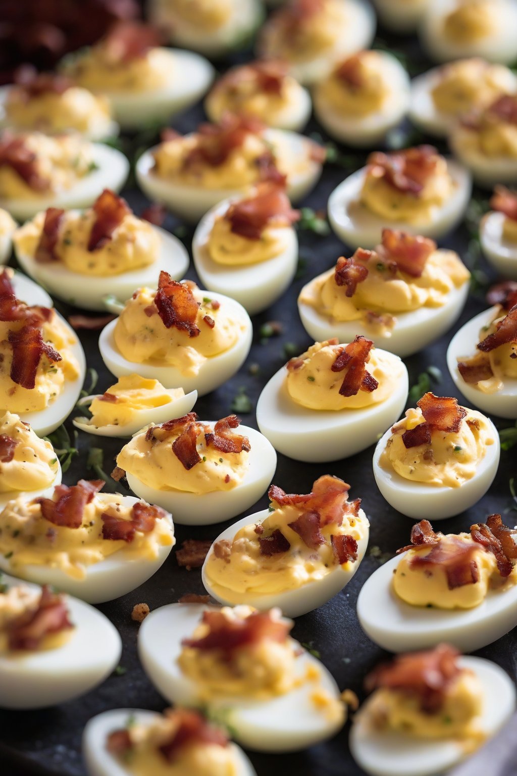 A close-up photo of bacon cheddar deviled eggs garnished with bacon crumbles under soft lighting.