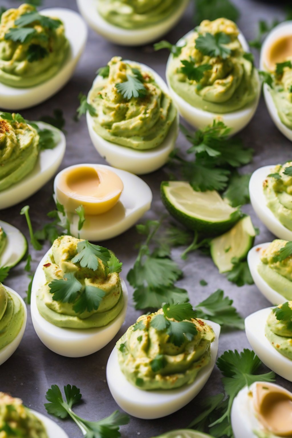 A close-up photo of vibrant green avocado deviled eggs with cilantro garnish under soft lighting.