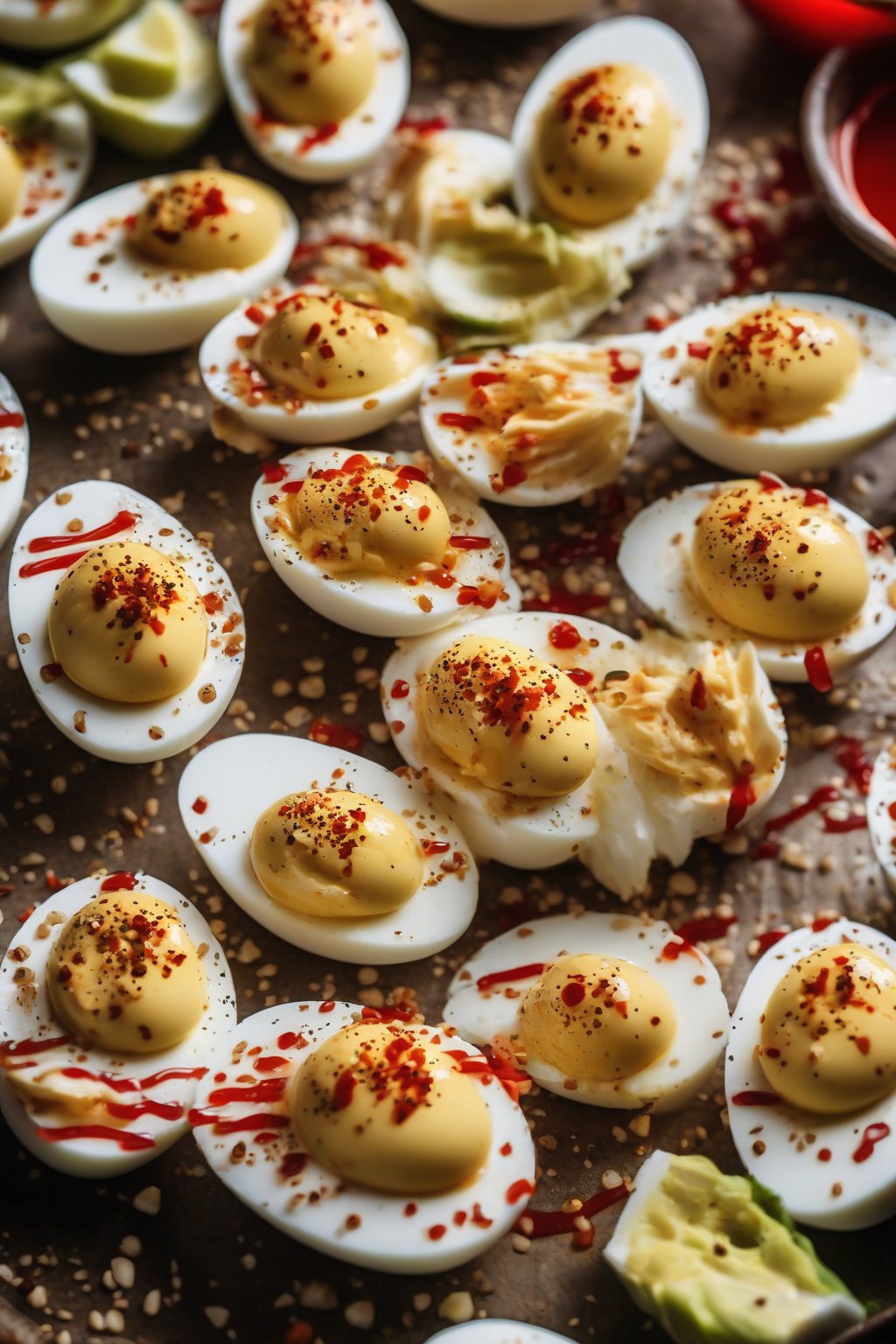 A close-up photo of sriracha deviled eggs with red drizzle and sesame seeds under soft lighting.