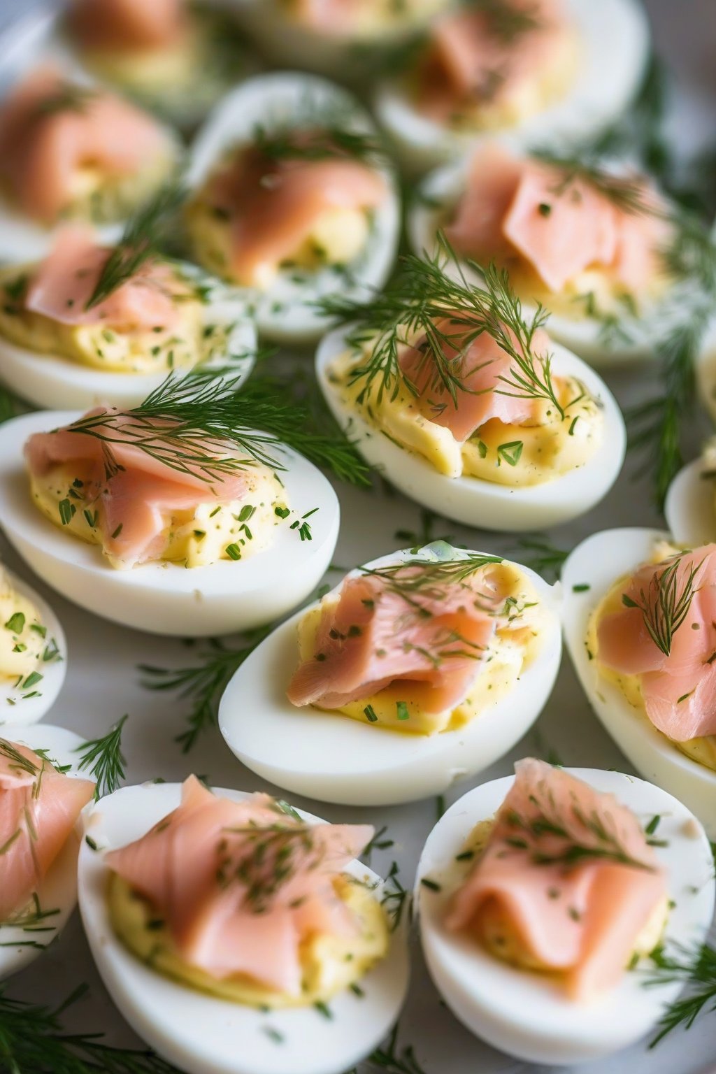 A close-up photo of smoked salmon deviled eggs topped with dill under soft lighting.