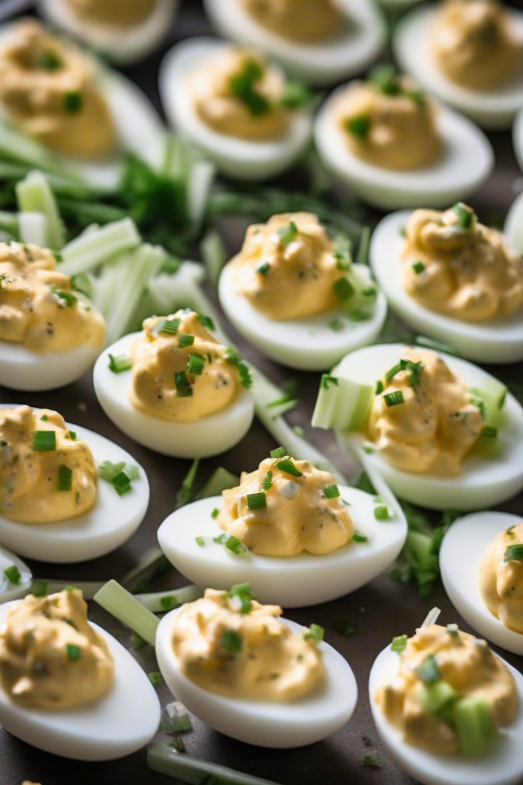 A close-up photo of buffalo deviled eggs with blue cheese and celery bits under soft lighting.