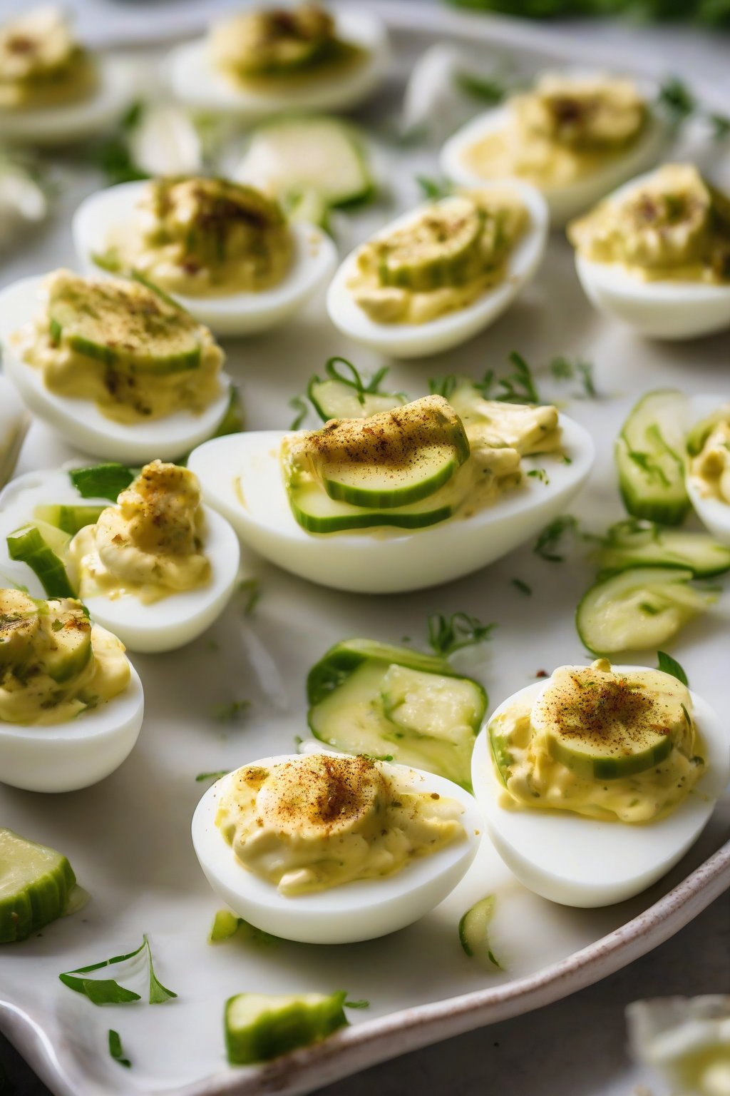 A close-up photo of pickle deviled eggs sliced with pickle rounds under soft lighting.