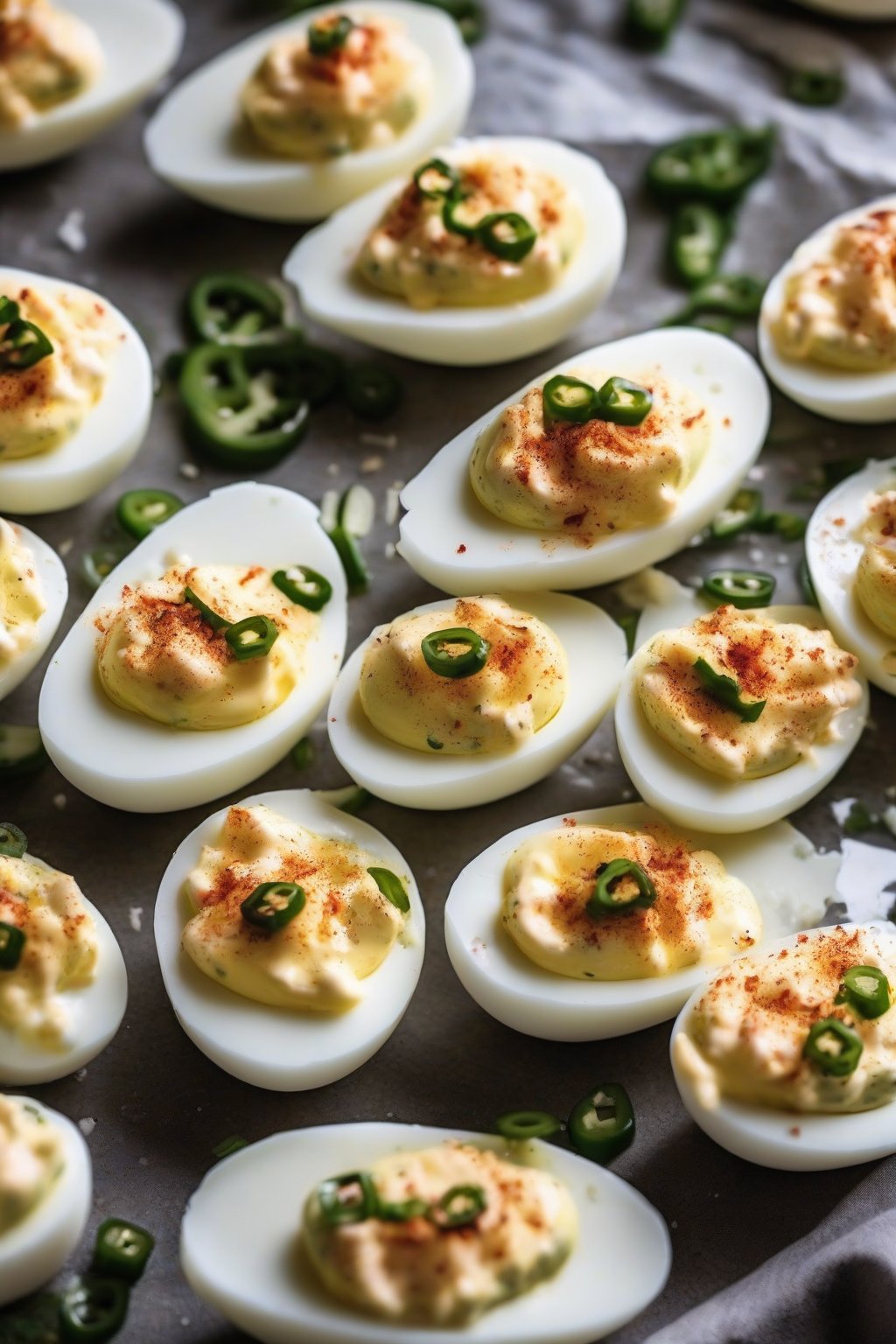A close-up photo of jalapeño popper deviled eggs with cheese and pepper slices under soft lighting.
