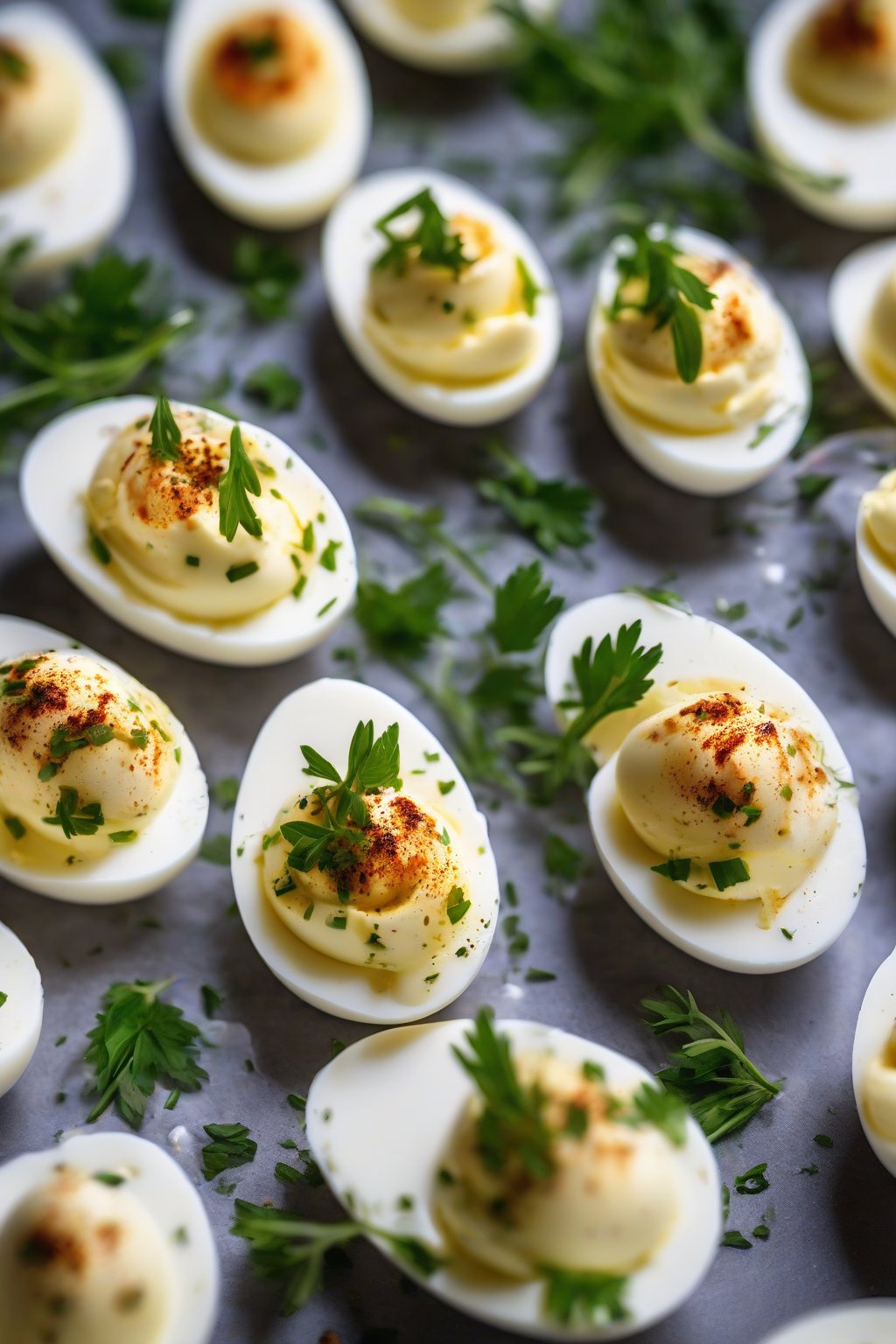 A close-up photo of light Greek yogurt deviled eggs with herb garnish under soft lighting.