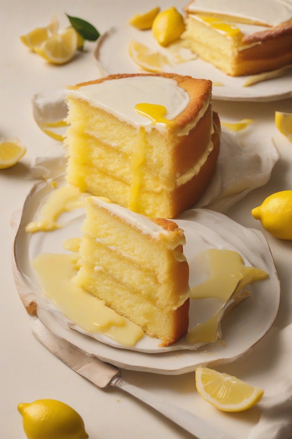 A high-resolution photo of lemon buttery yellow cake topped with lemon curd and slices, vibrant yellow tones, under soft lighting.