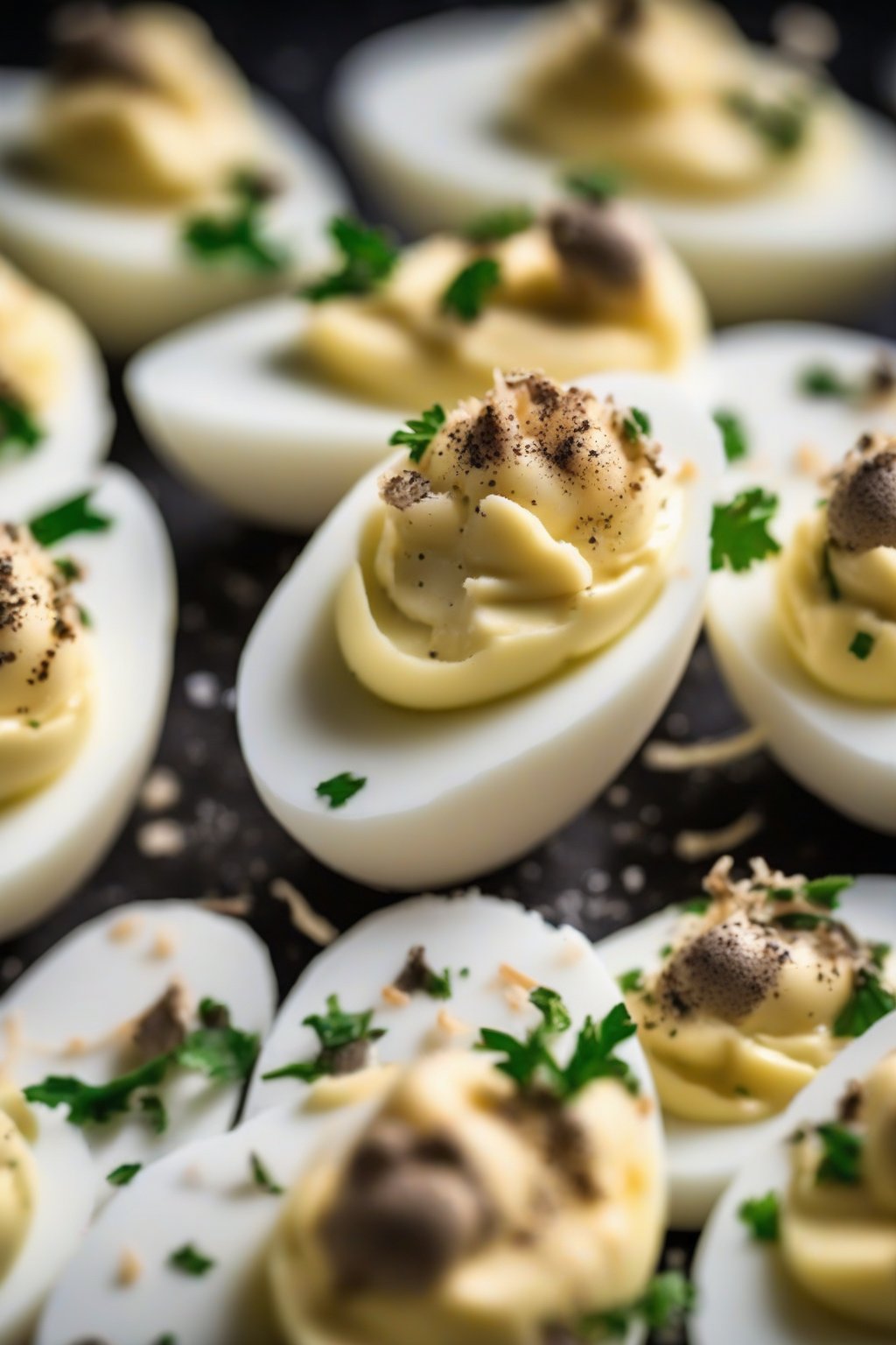 A close-up photo of truffle deviled eggs with parmesan shavings under soft lighting.