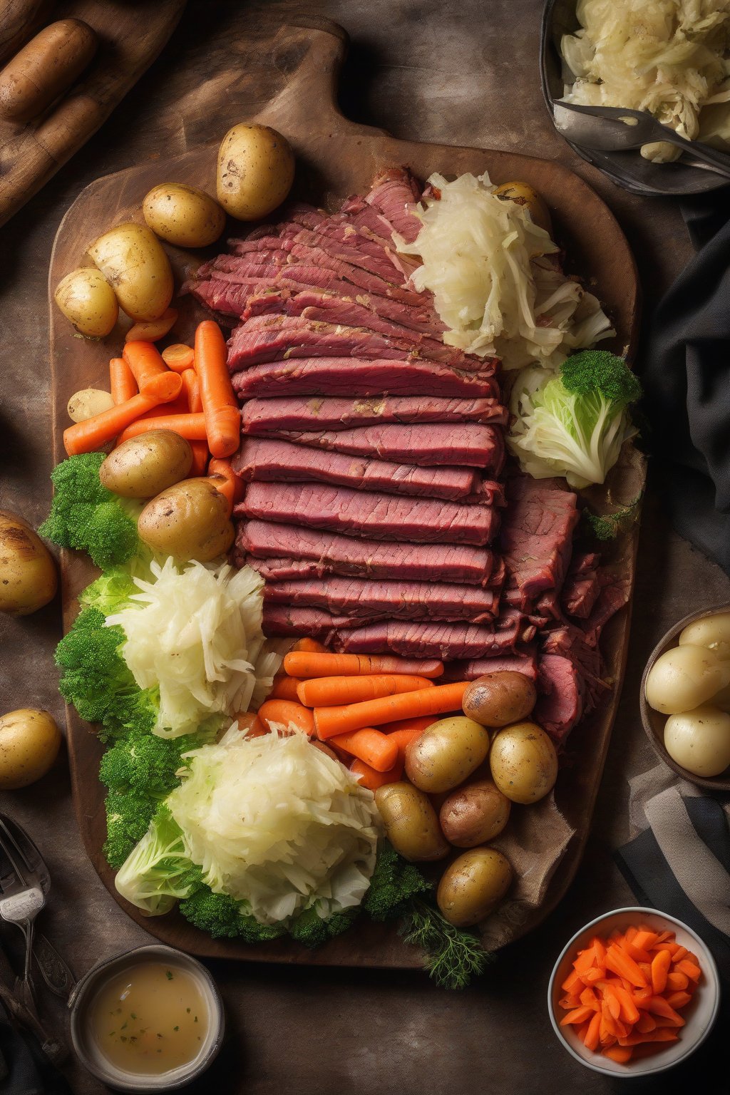 A high-resolution photo of sliced corned beef surrounded by boiled cabbage, carrots, and potatoes on a rustic platter under soft lighting.