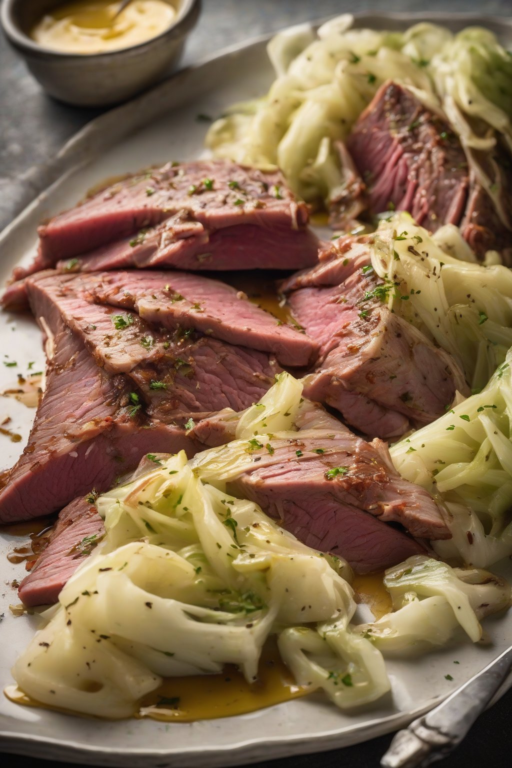 A high-resolution photo of slow-cooked corned beef and cabbage wedges steaming on a plate with mustard drizzle under soft lighting.