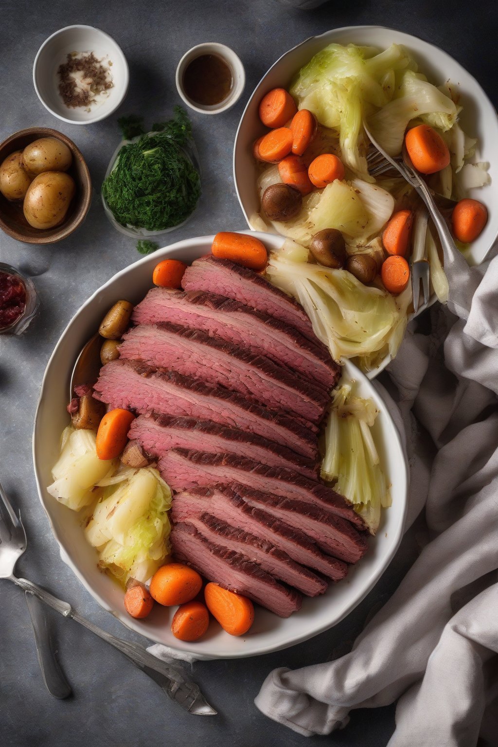 A high-resolution photo of Instant Pot corned beef with glossy cabbage and root veggies in a white bowl under soft lighting.