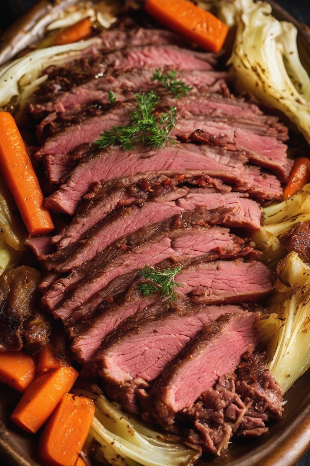 A high-resolution photo of oven-braised corned beef slices atop roasted cabbage and carrots under soft lighting.