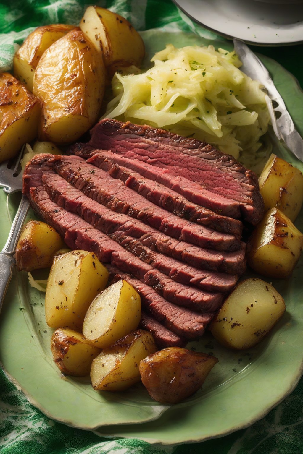A high-resolution photo of Guinness-glazed corned beef with boiled cabbage and potatoes on a green napkin under soft lighting.