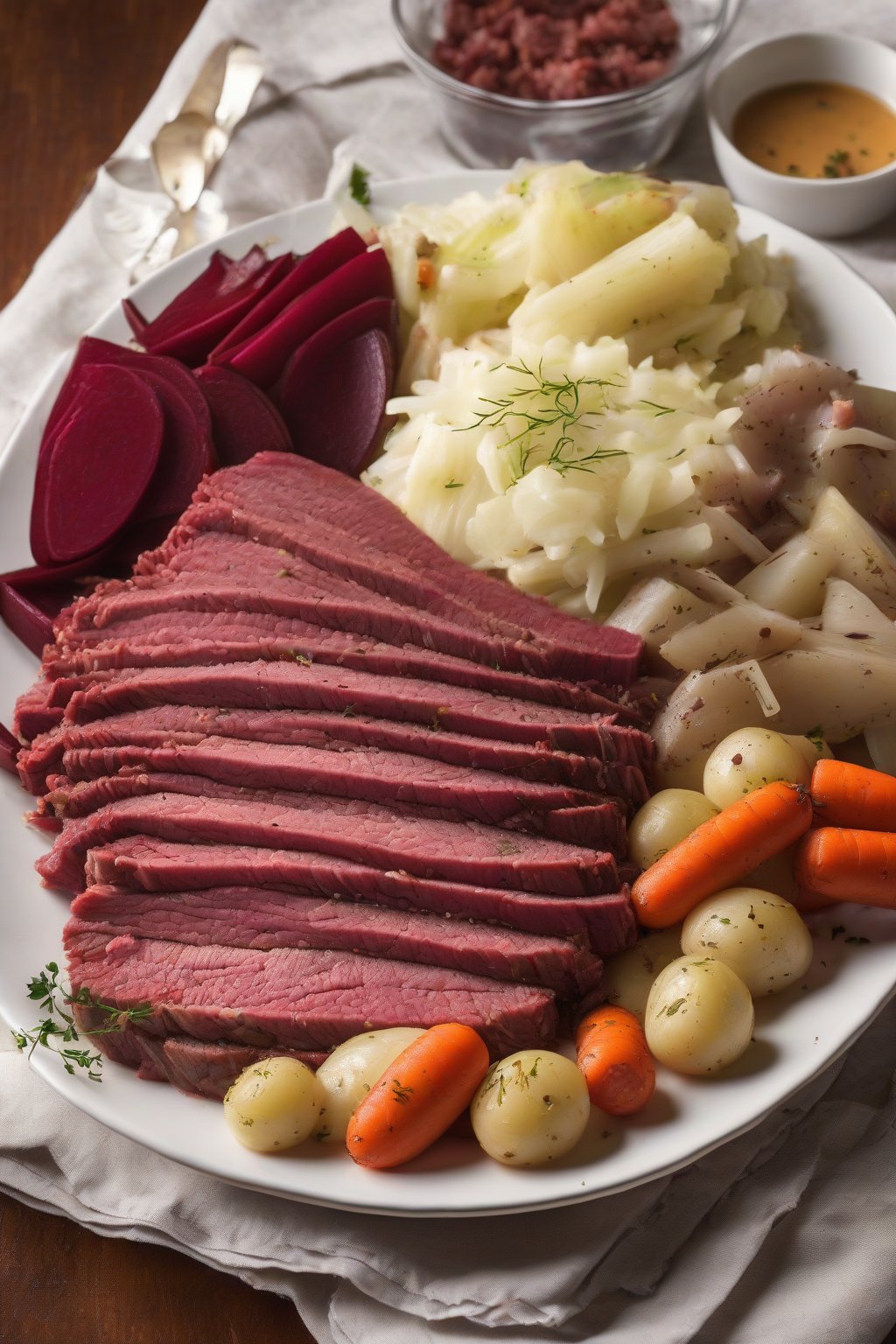 A high-resolution photo of New England boiled corned beef dinner with beets, cabbage, and roots piled high under soft lighting.