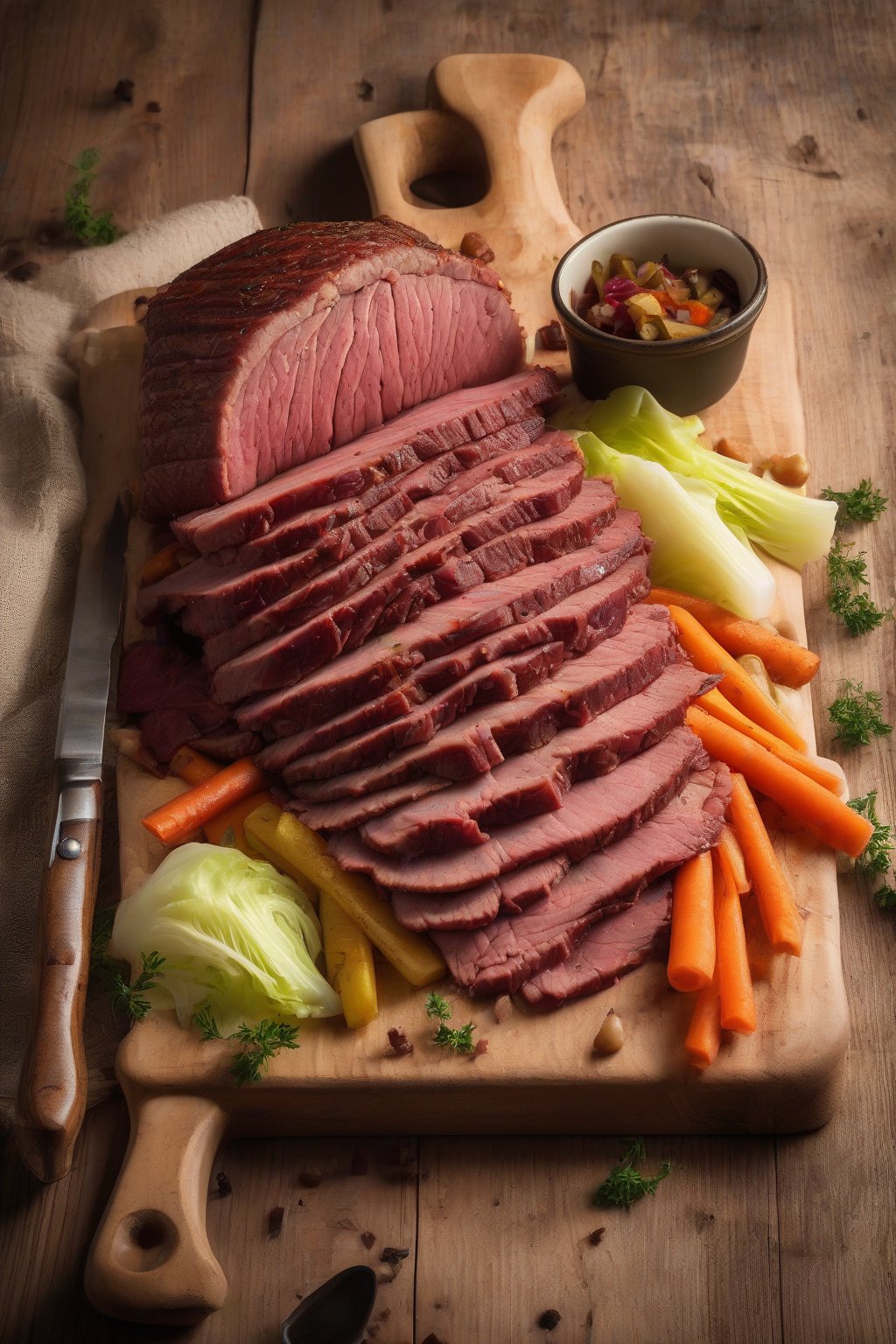 A high-resolution photo of sliced smoked corned beef with cabbage and veggies on a wooden board under soft lighting.
