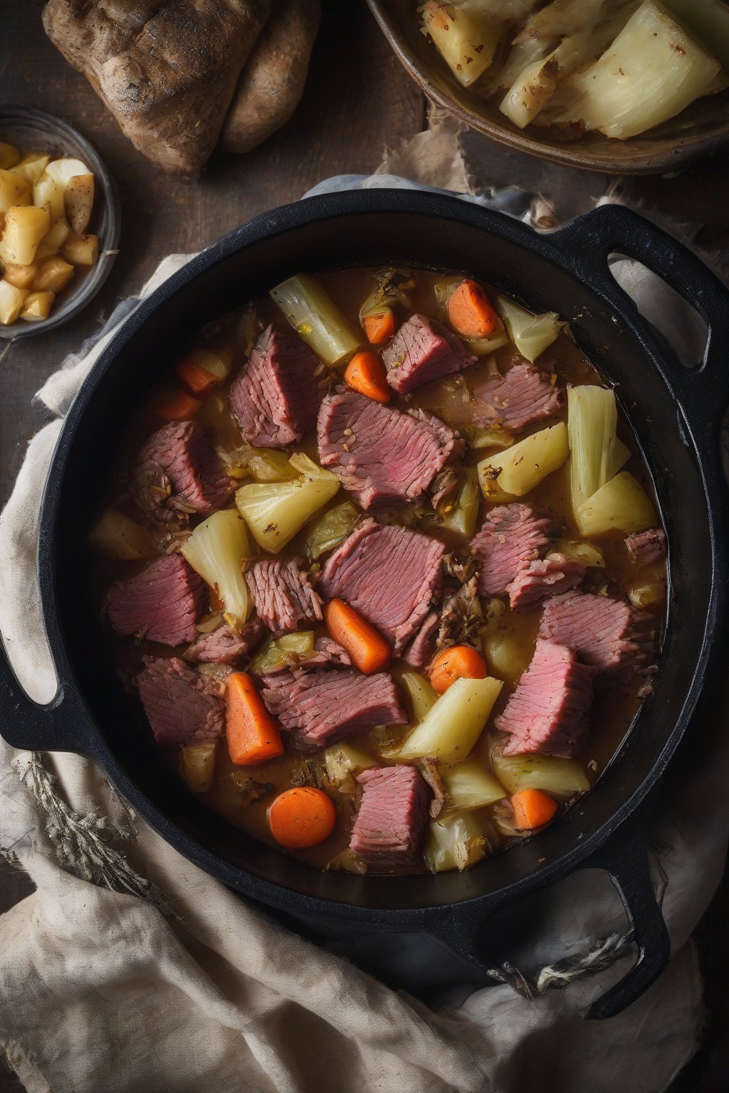 A high-resolution photo of caraway-flecked corned beef and cabbage stew in a cast-iron pot under soft lighting.