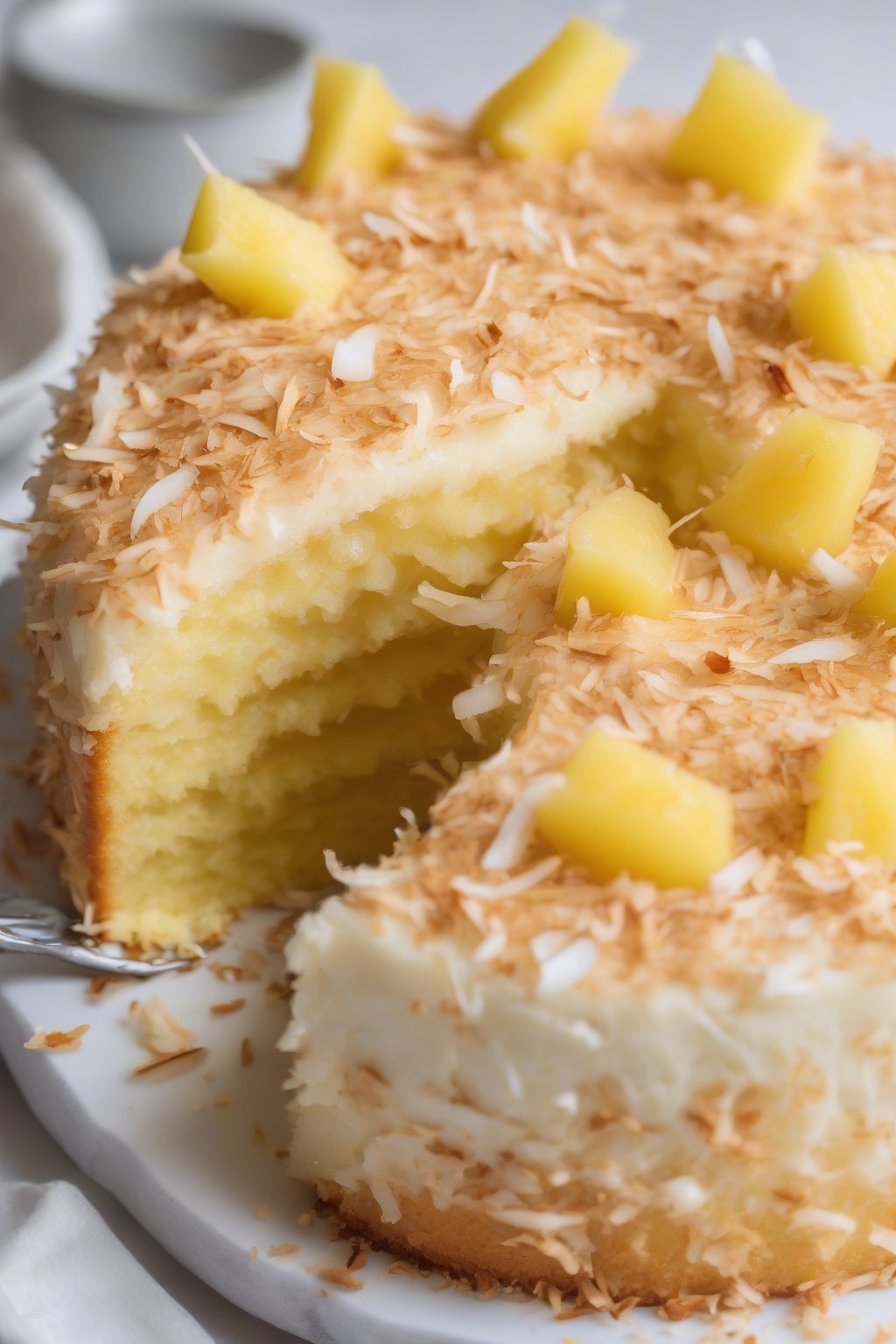 A high-resolution photo of coconut moist yellow cake with toasted coconut flakes and pineapple topping, under soft lighting.