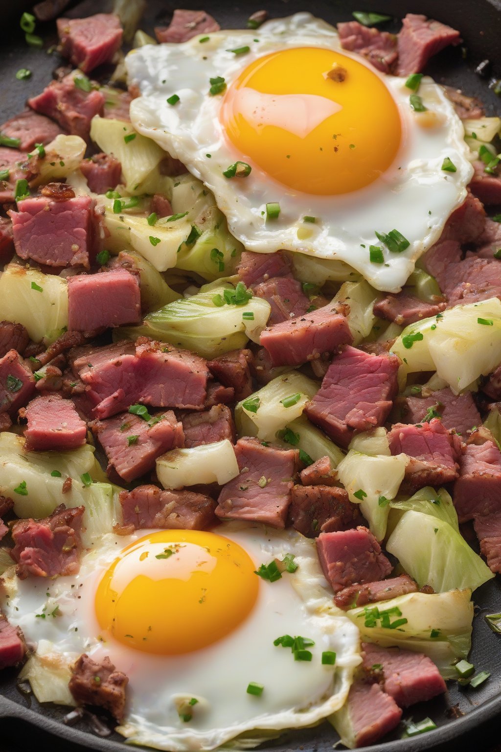 A high-resolution photo of corned beef cabbage hash with fried egg on a skillet under soft lighting.