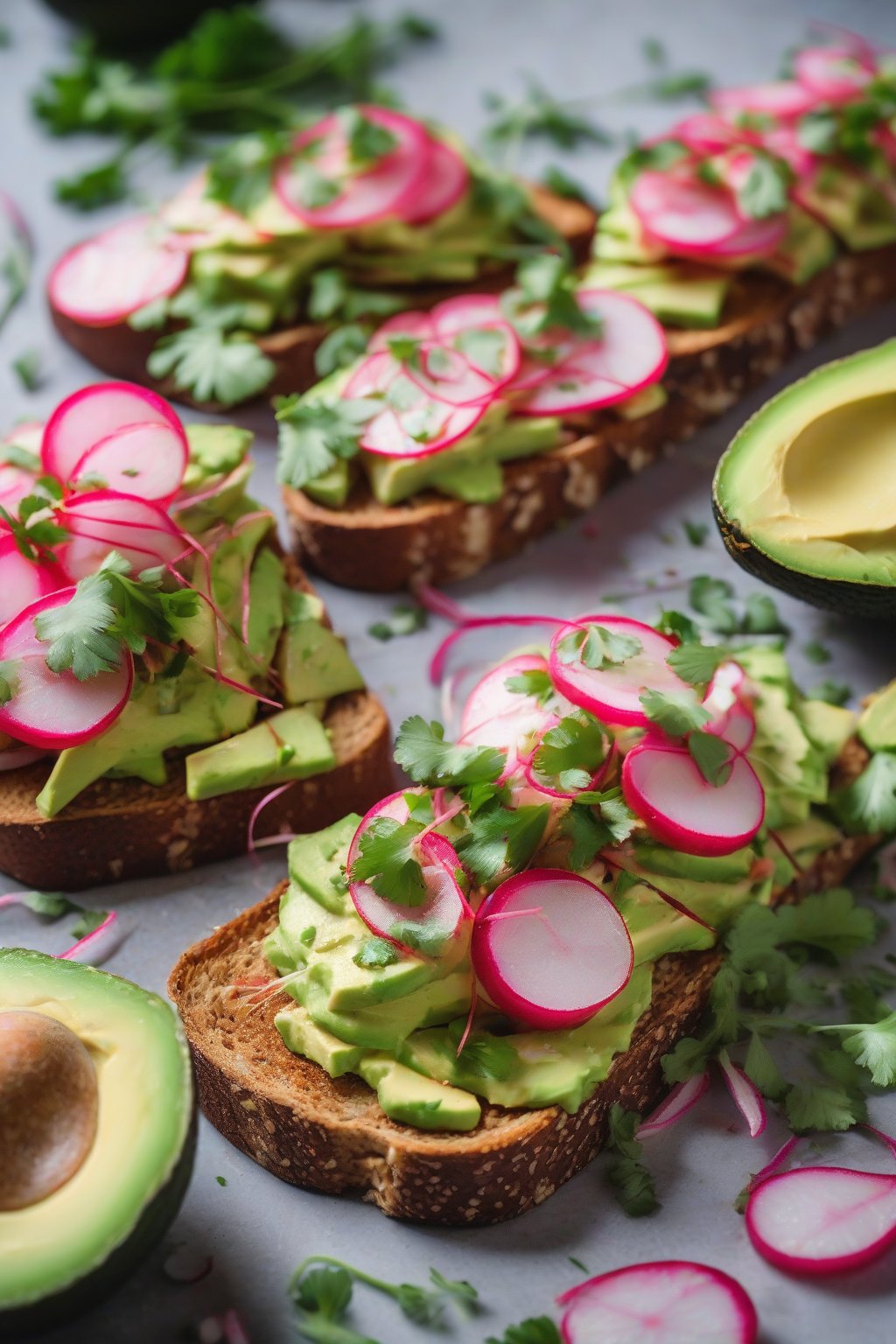 A high-resolution close-up photo of chili lime avocado toast topped with radishes and cilantro under soft lighting.