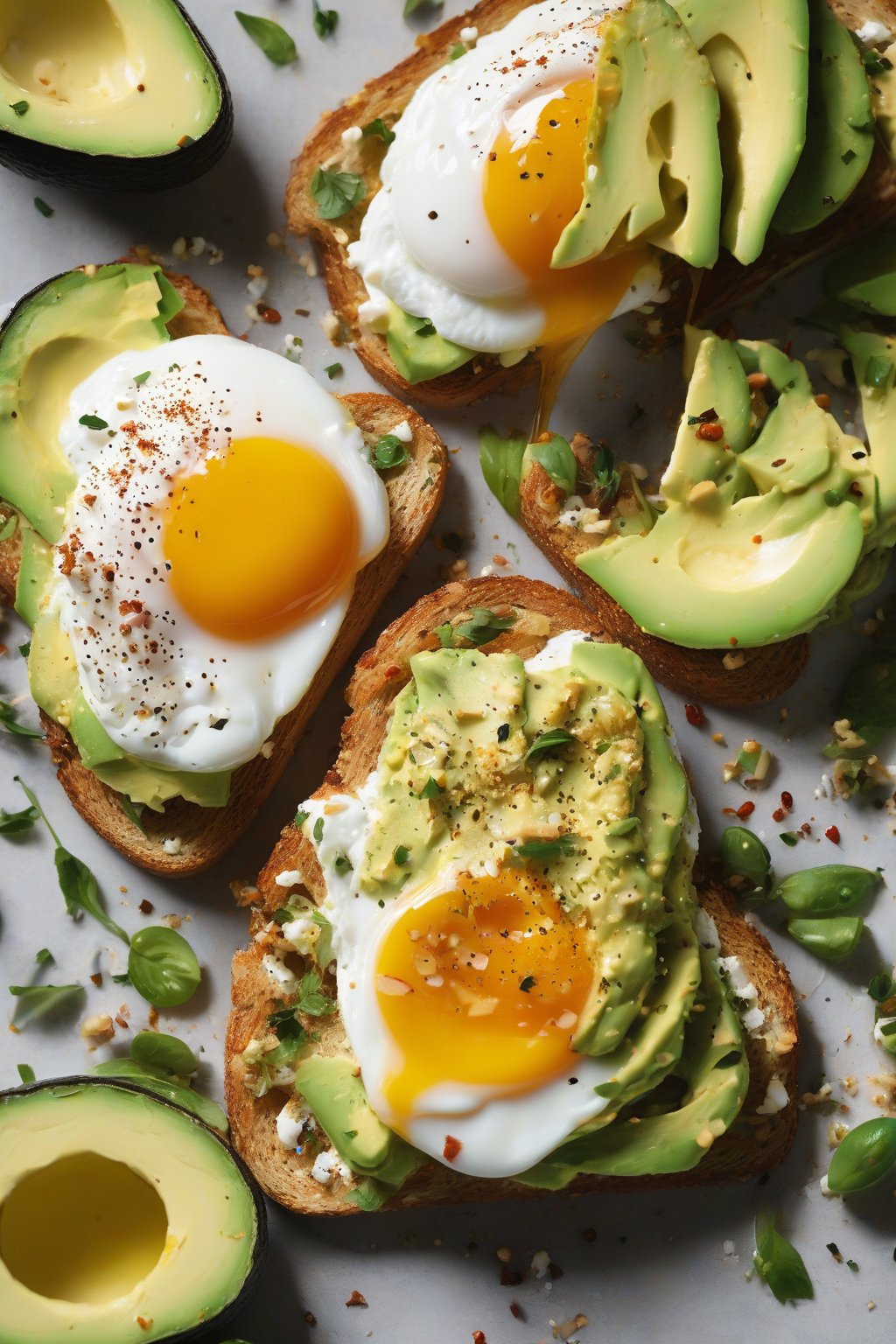A high-resolution close-up photo of poached egg on creamy avocado toast with everything bagel seasoning under soft lighting.