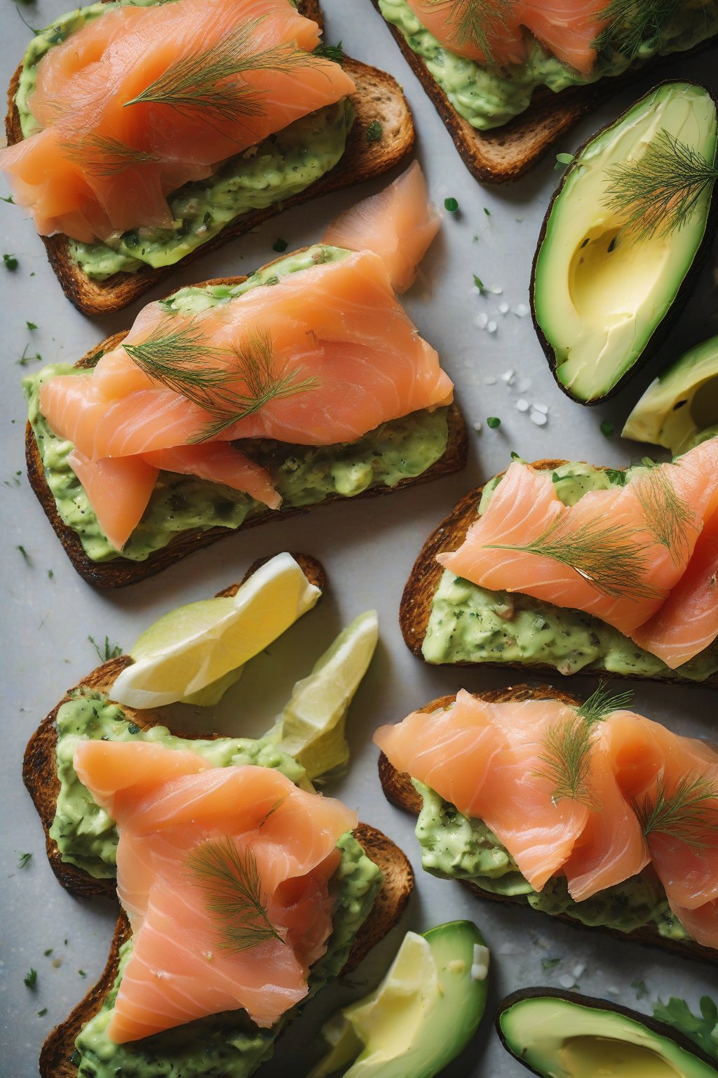 A high-resolution close-up photo of smoked salmon draped over dill-flecked avocado toast under soft lighting.