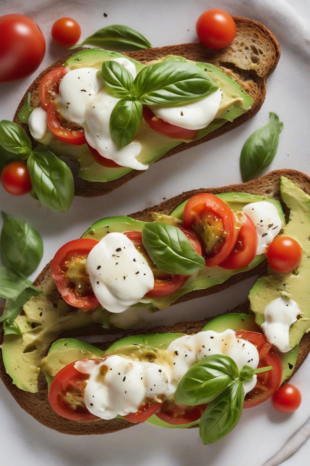 A high-resolution close-up photo of caprese-style avocado toast with mozzarella, tomatoes, and basil under soft lighting.