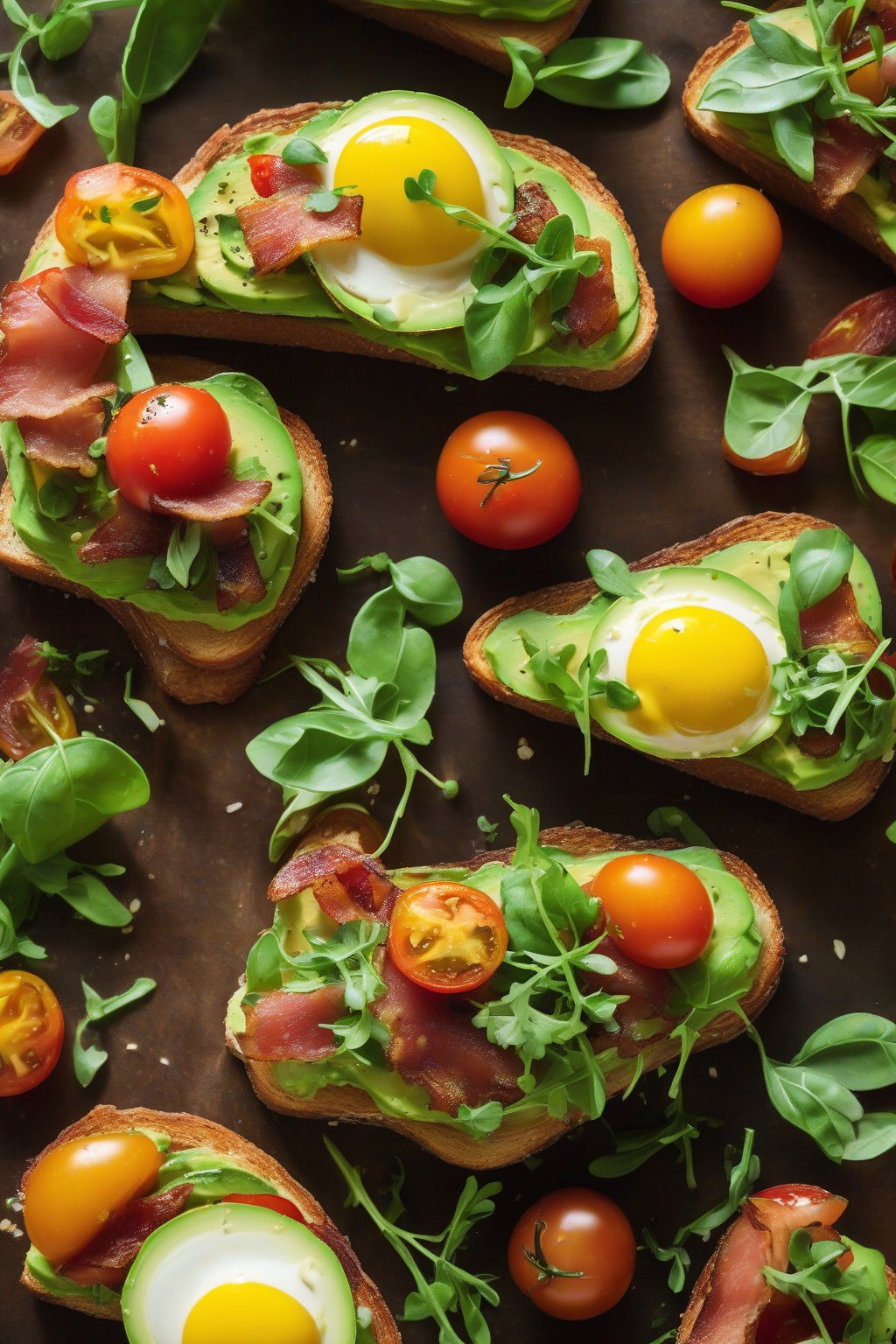 A high-resolution close-up photo of bacon-topped avocado toast with heirloom tomatoes and arugula under soft lighting.