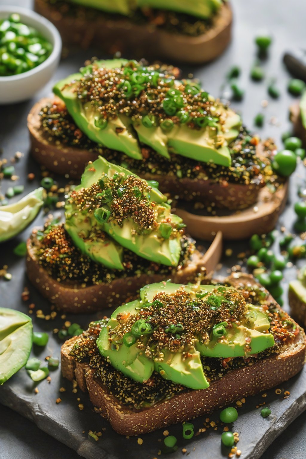 A high-resolution close-up photo of sriracha avocado toast garnished with furikake and green onions under soft lighting.