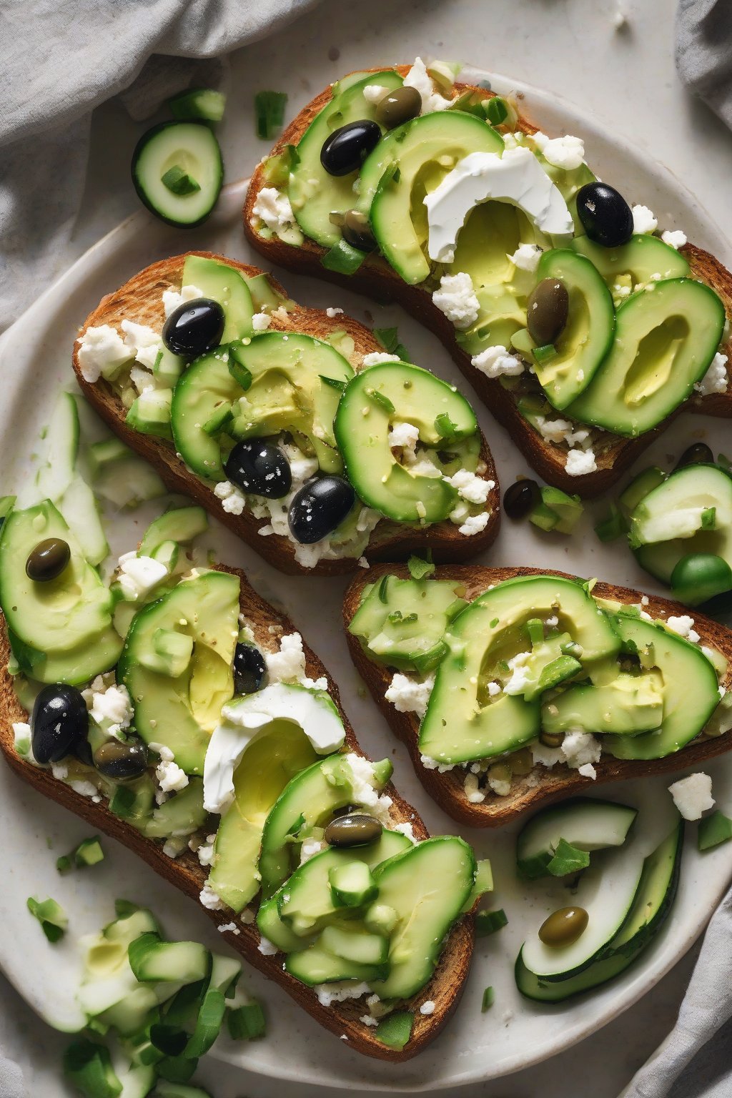 A high-resolution close-up photo of feta-crumbled avocado toast with cucumbers and olives under soft lighting.